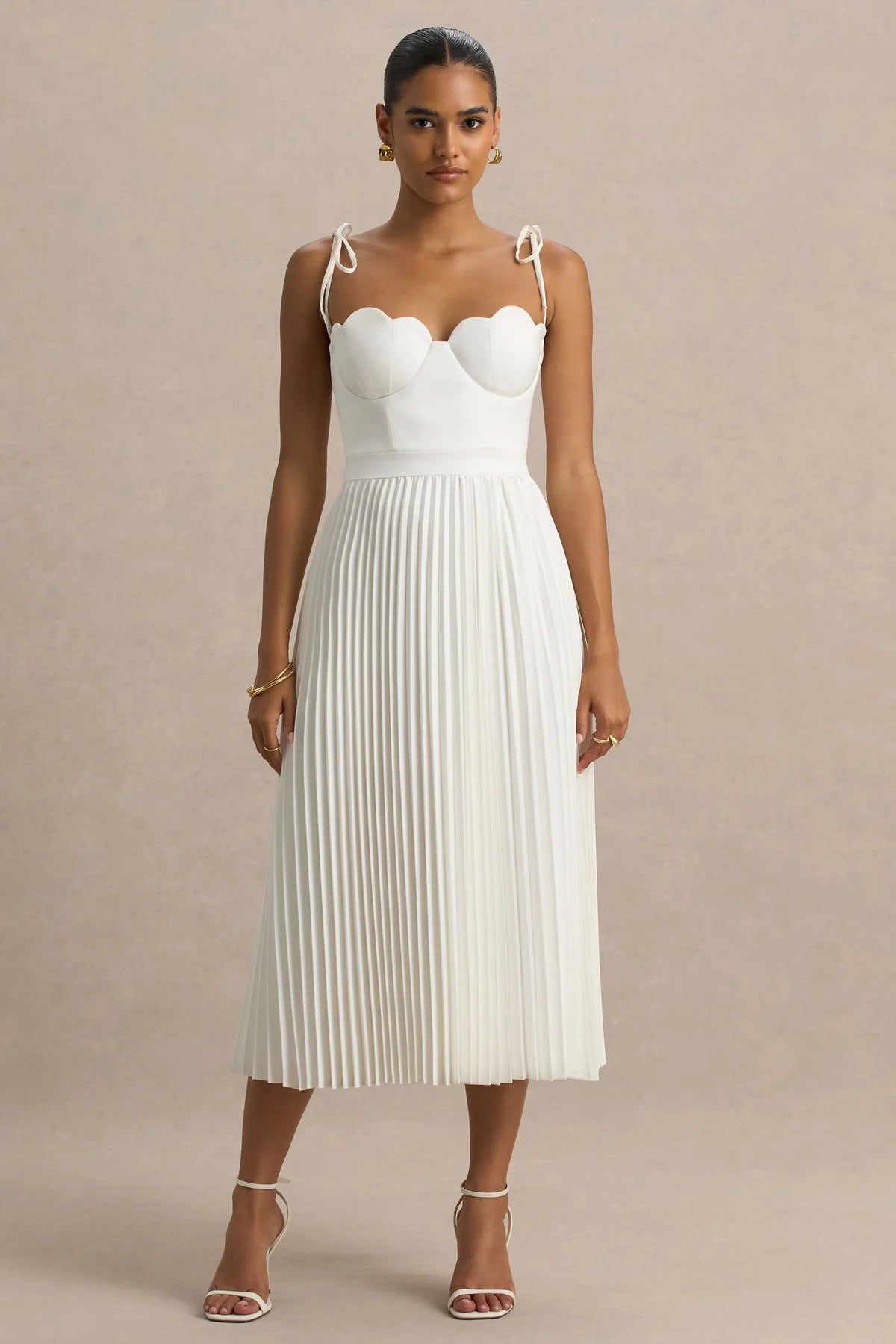 Alouro Cream Satin With Pleated Skirt Midi Dress