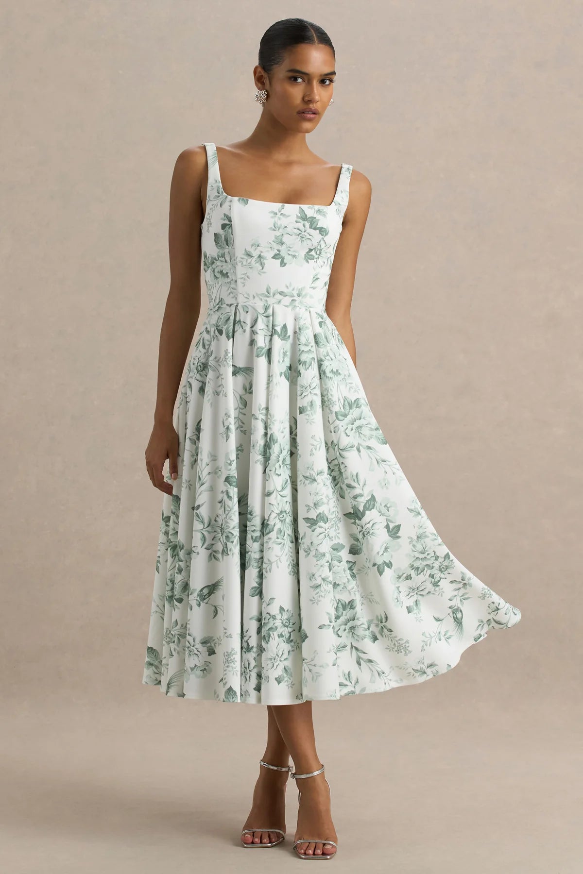 Alouro White – Green Print Square-Neck Midi Dress