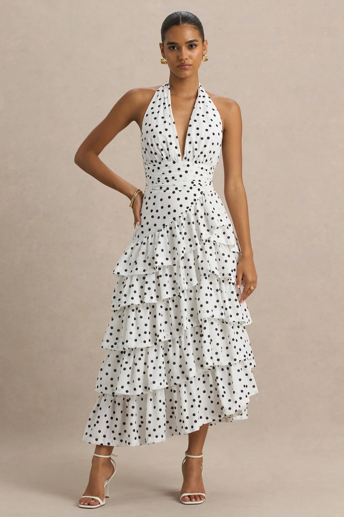 Alouro White – Polka Dot Ruffle Skirt Midi Dress