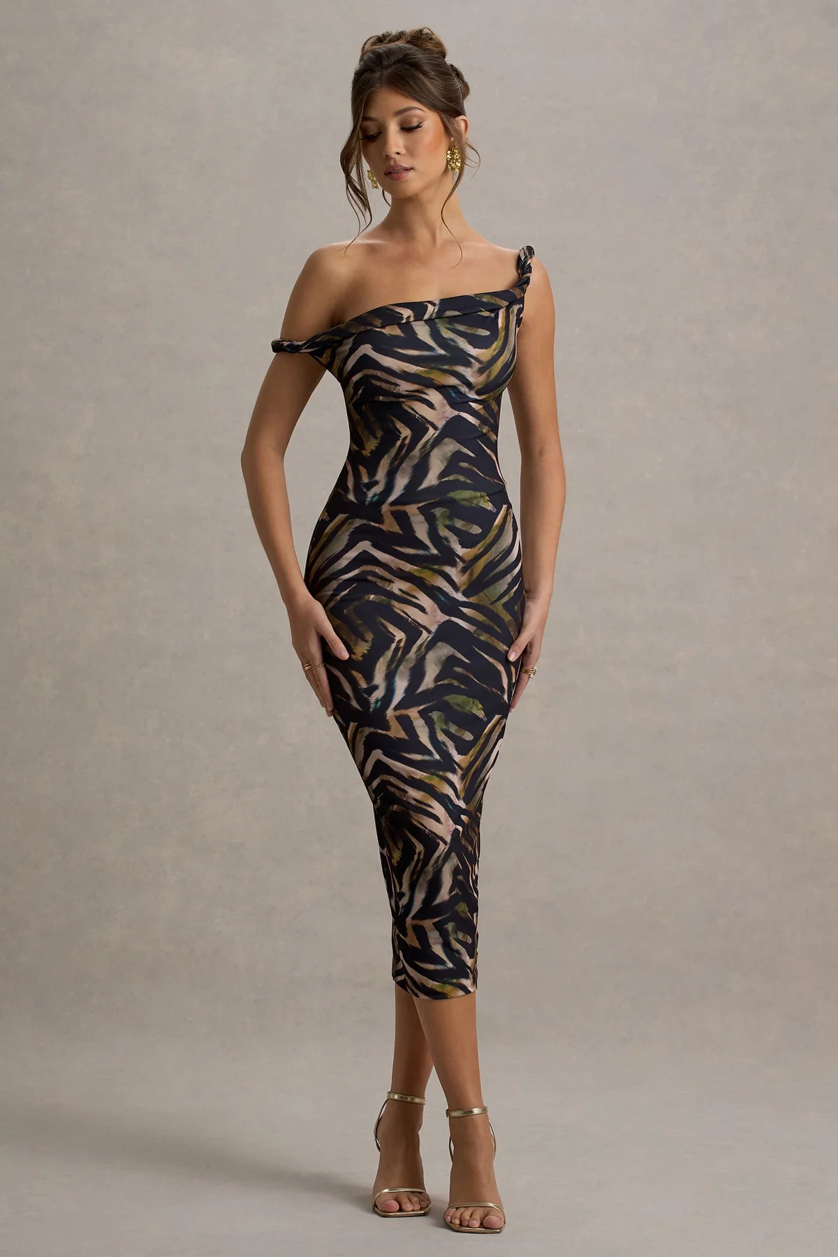 Alouro Black – Zebra Print Twisted Midi Dress