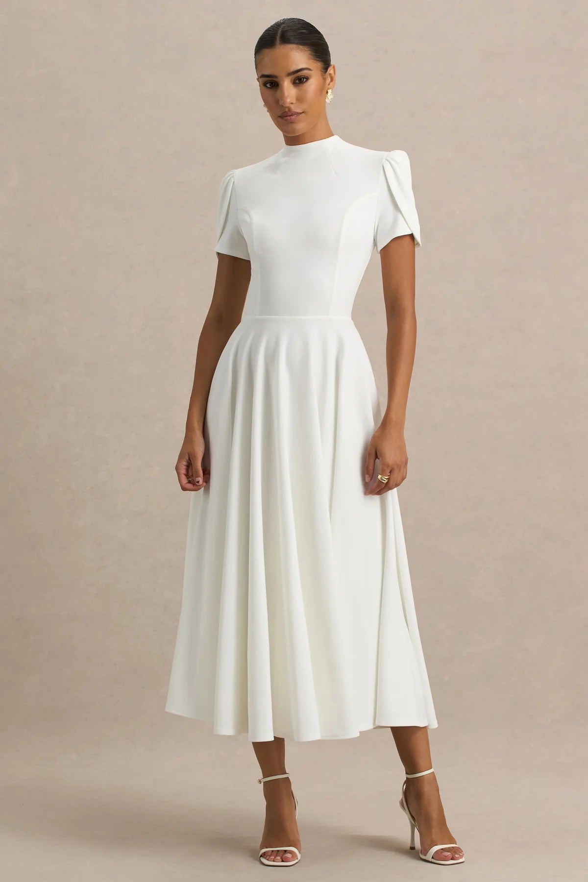 Alouro White High Neck Midi Dress With Puff Sleeves