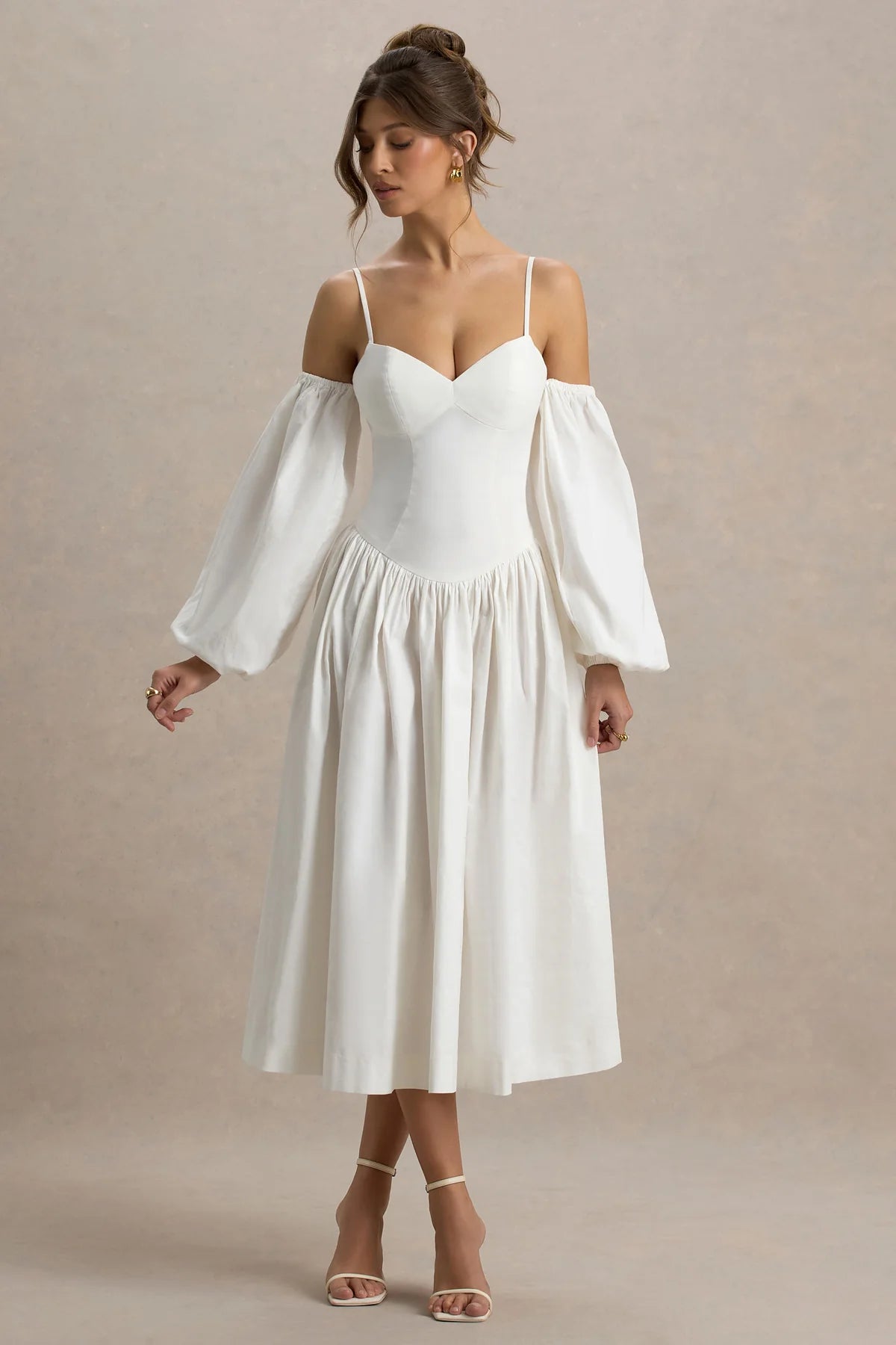 Alouro Cream Sweetheart – Balloon Sleeves Midi Dress