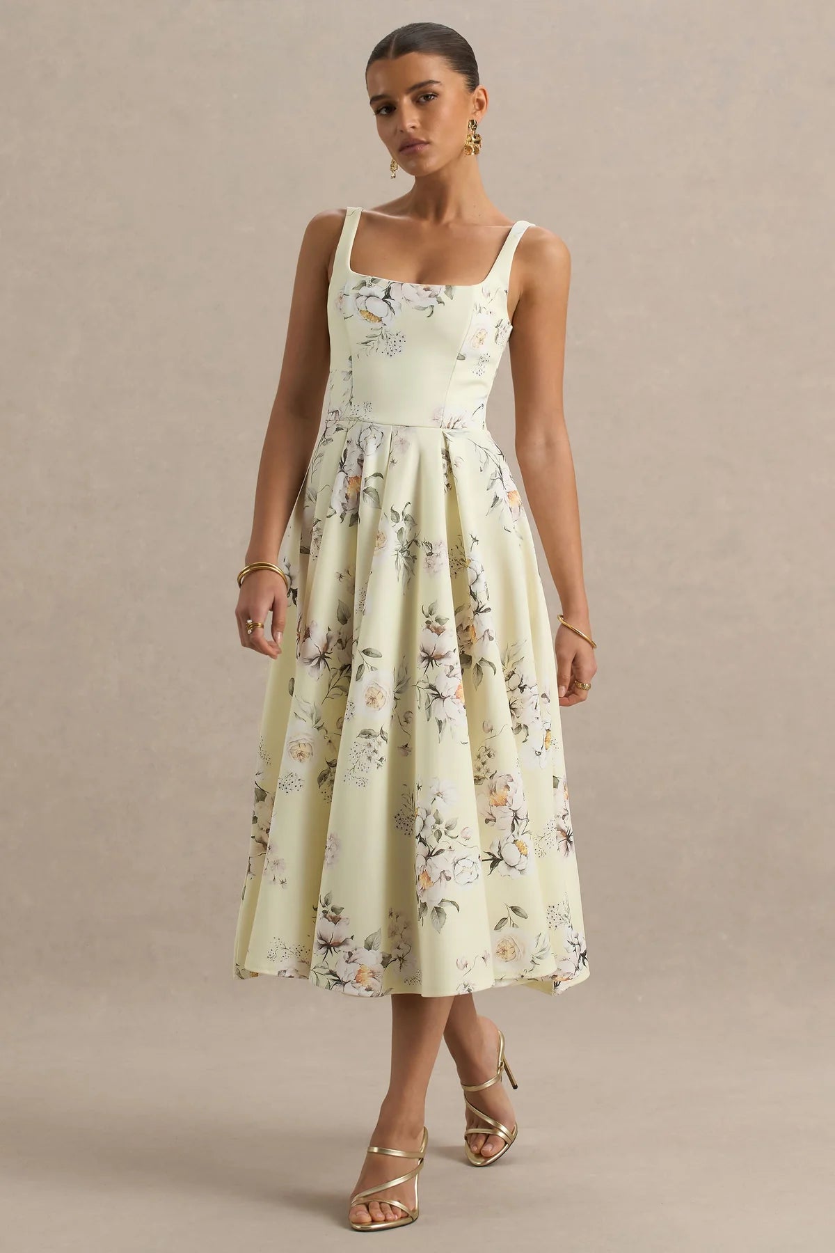 Alouro Lemon Floral Print Square-Neck Midi Dress