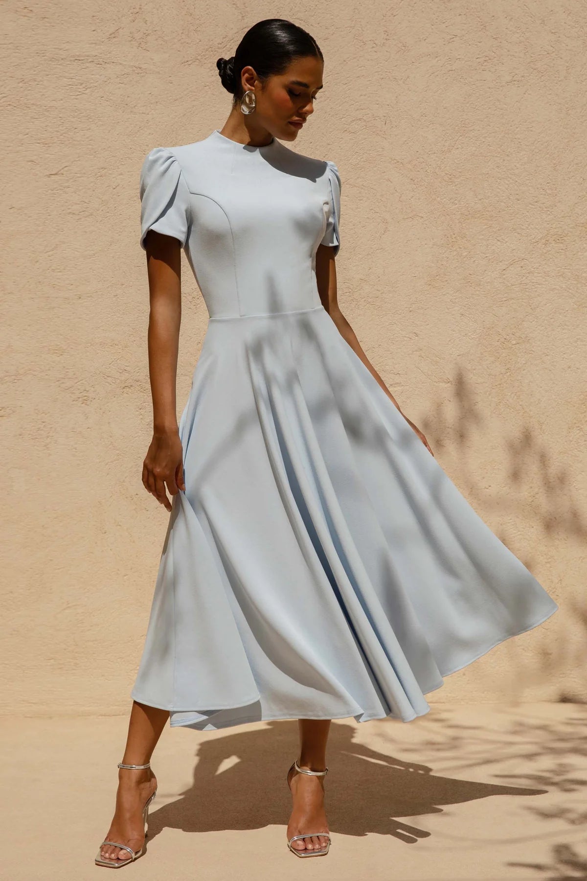 Alouro Powder Blue High Neck Midi Dress With Puff Sleeves
