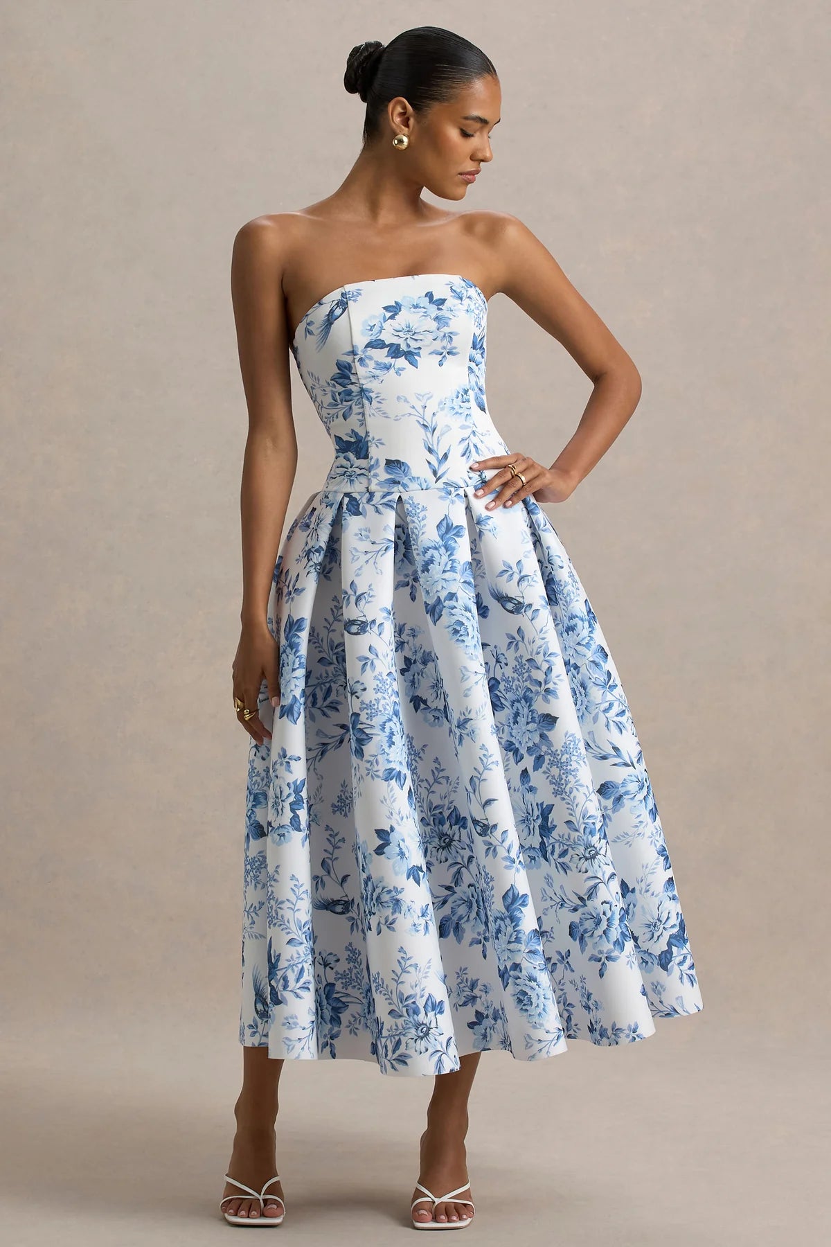 Alouro White Porcelain Print – Volume Skirt Midi Dress