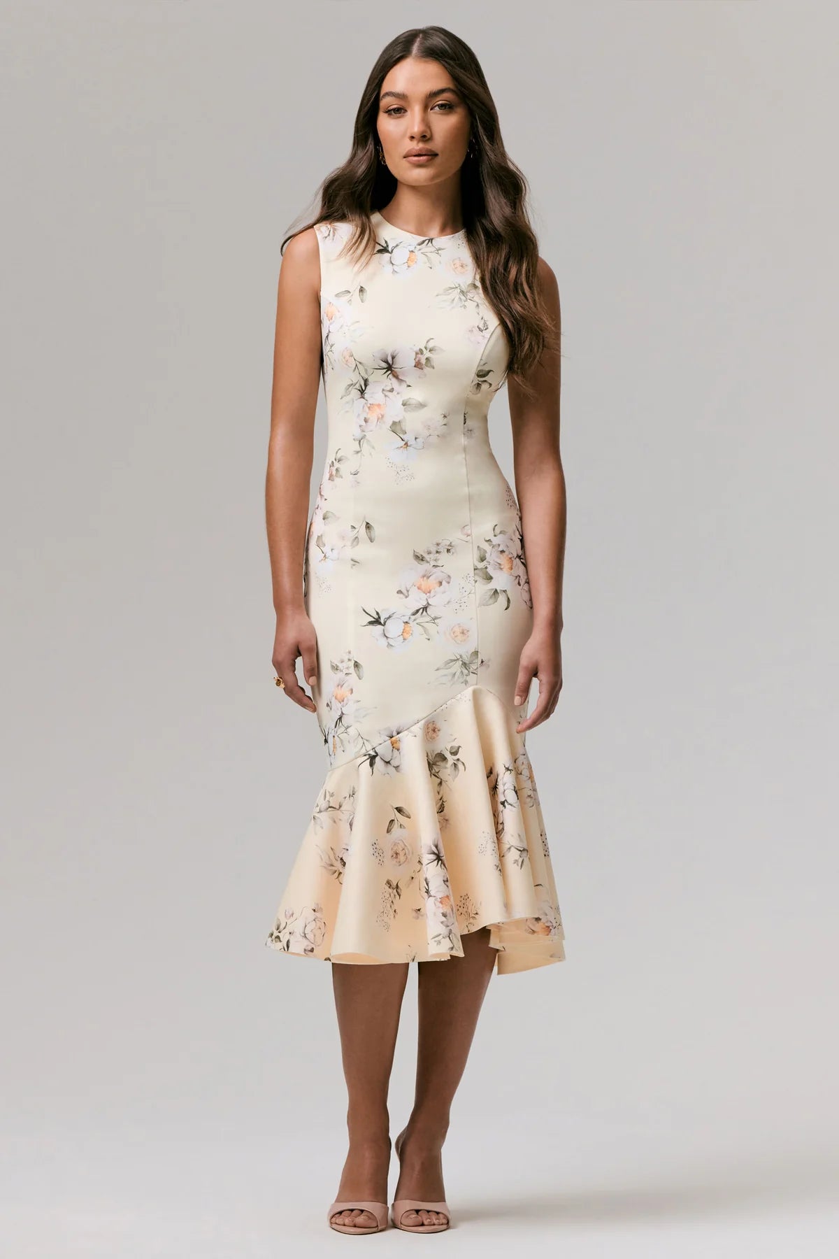 Alouro Ivory – Lemon Print High-Neck Fishtail Midi Dress