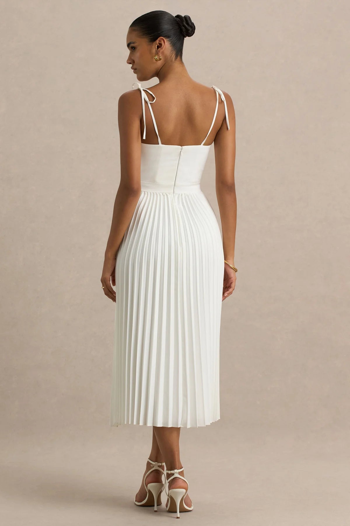 Alouro Cream Satin With Pleated Skirt Midi Dress