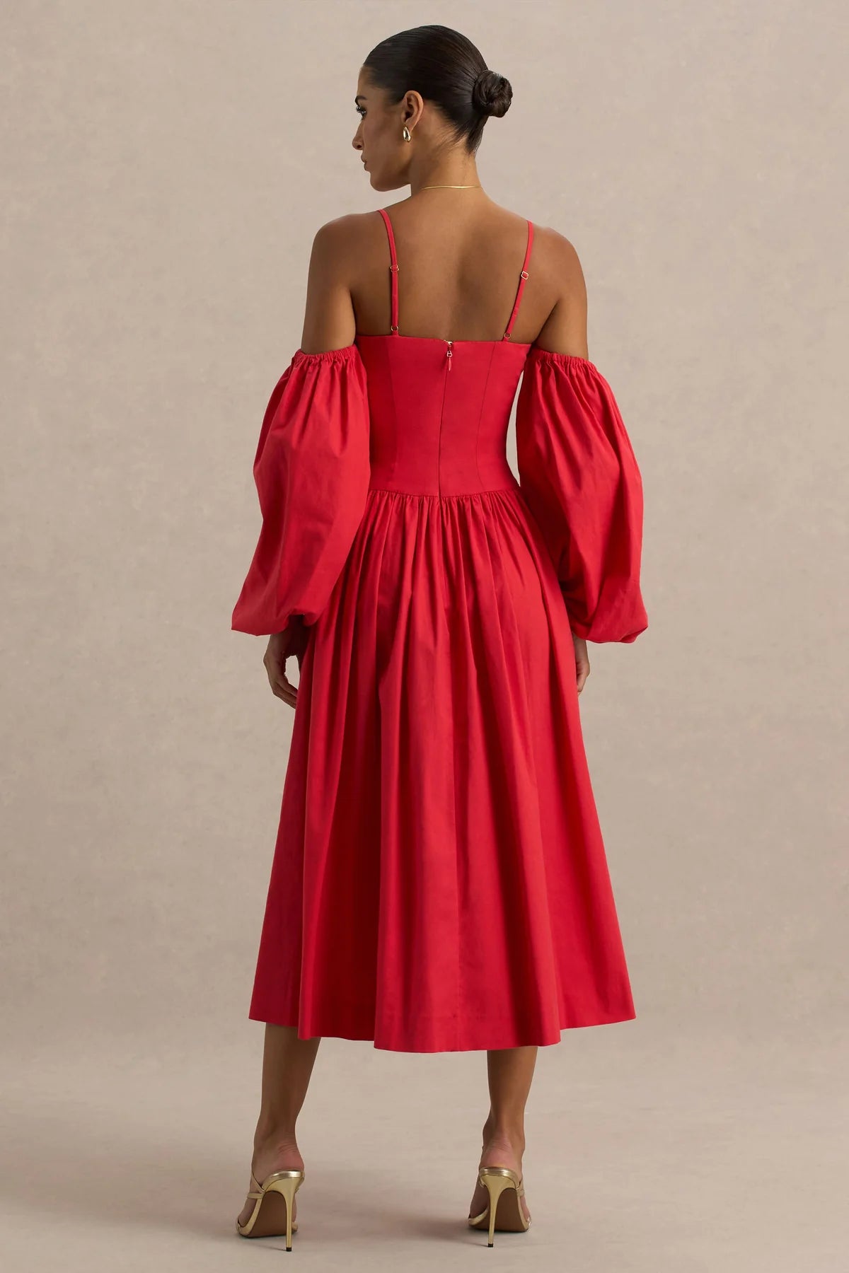 Alouro Red Sweetheart – Balloon Sleeves Midi Dress