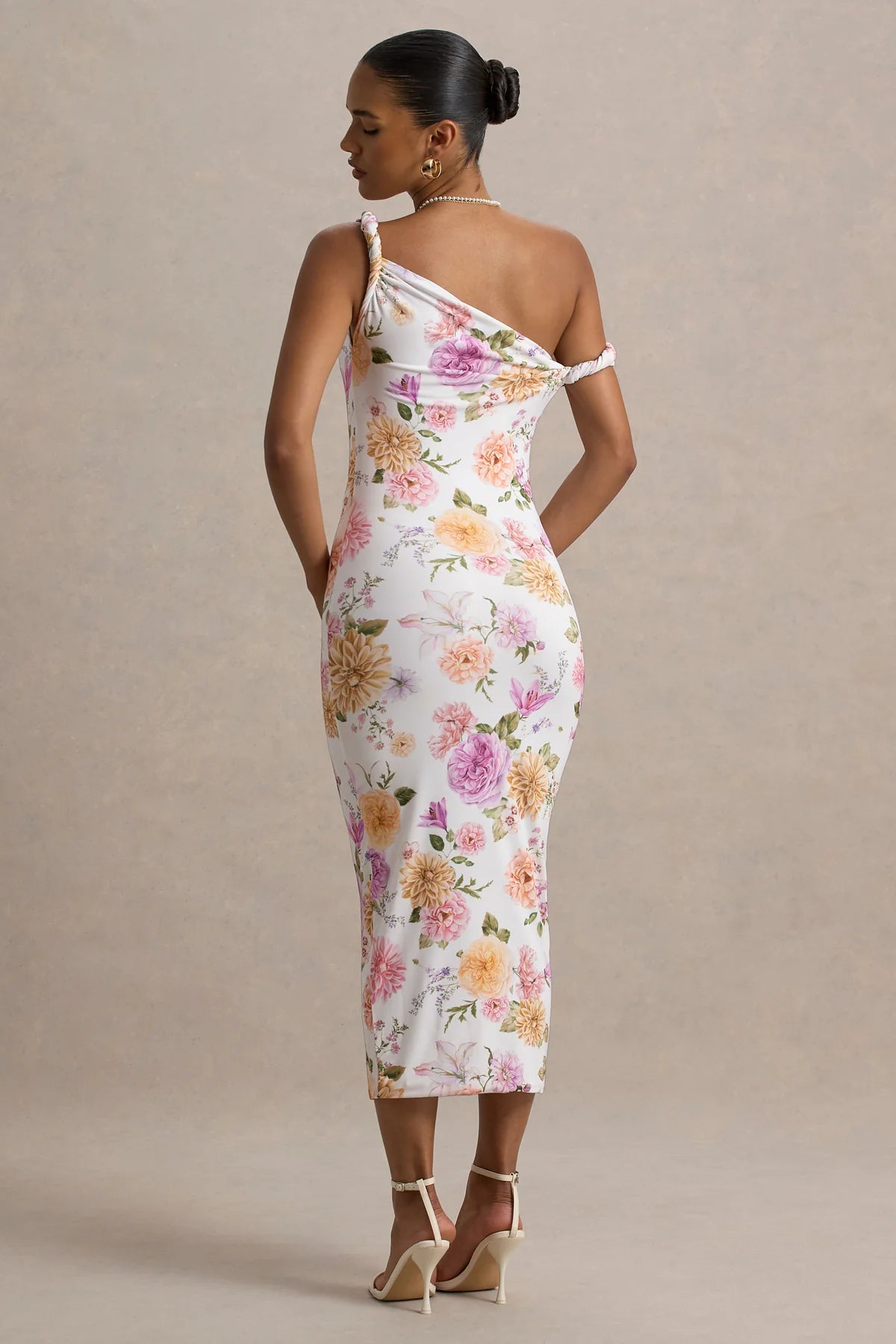 Alouro Peach And Lilac Floral Twisted Midi Dress