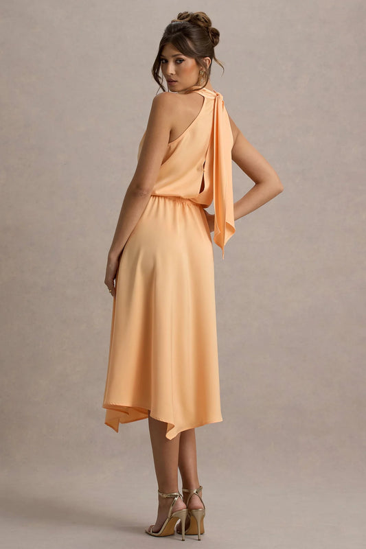 Alouro Peach Satin High-Neck Midi Dress