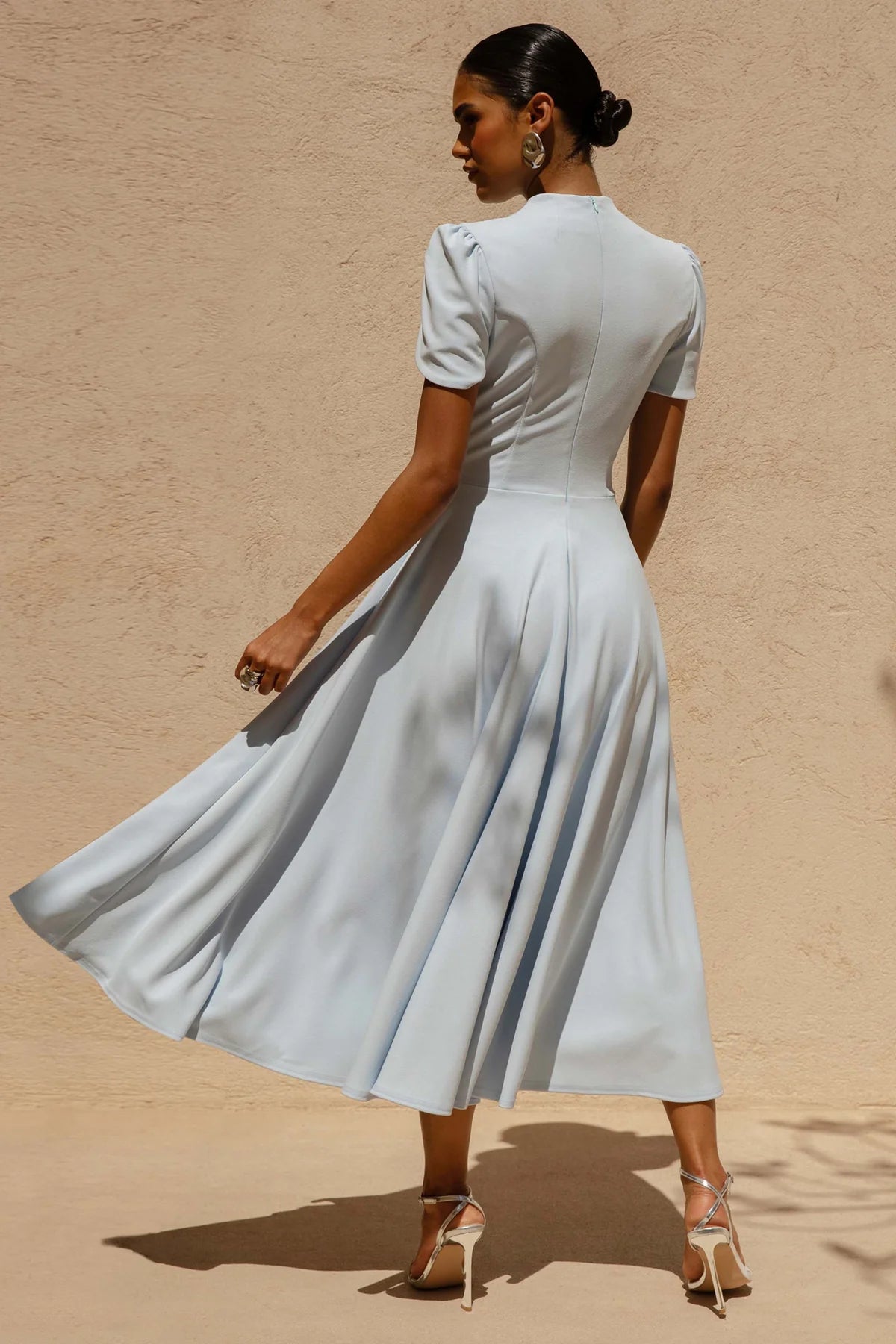 Alouro Powder Blue High Neck Midi Dress With Puff Sleeves