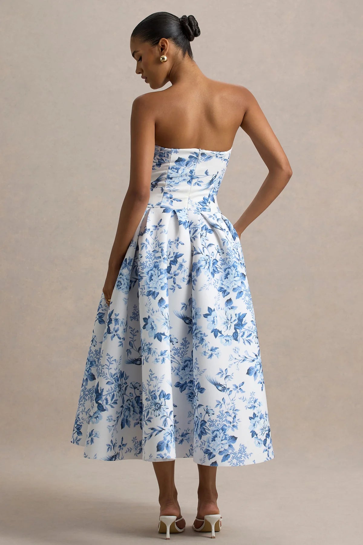 Alouro White Porcelain Print – Volume Skirt Midi Dress