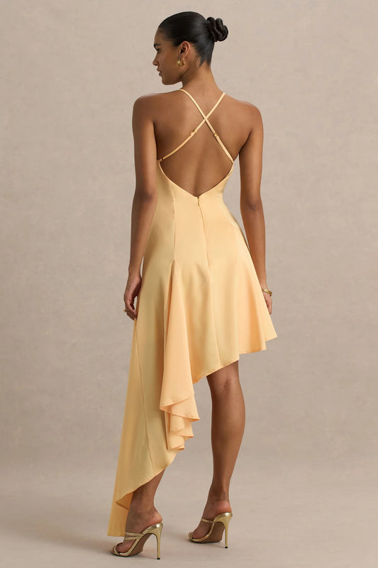 Alouro Peach Satin Hem Plunge-Neck Maxi Dress