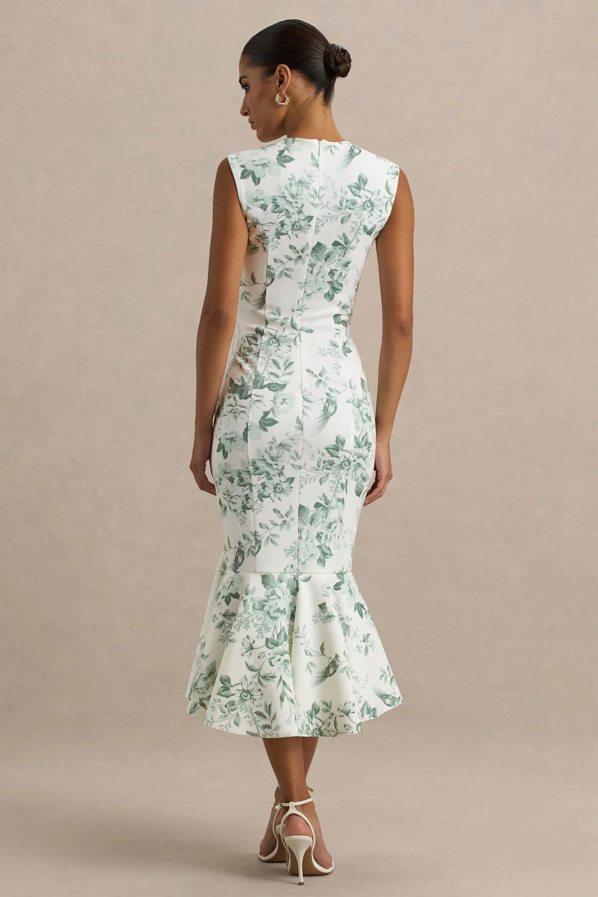 Alouro White – Green Floral High-Neck Midi Dress