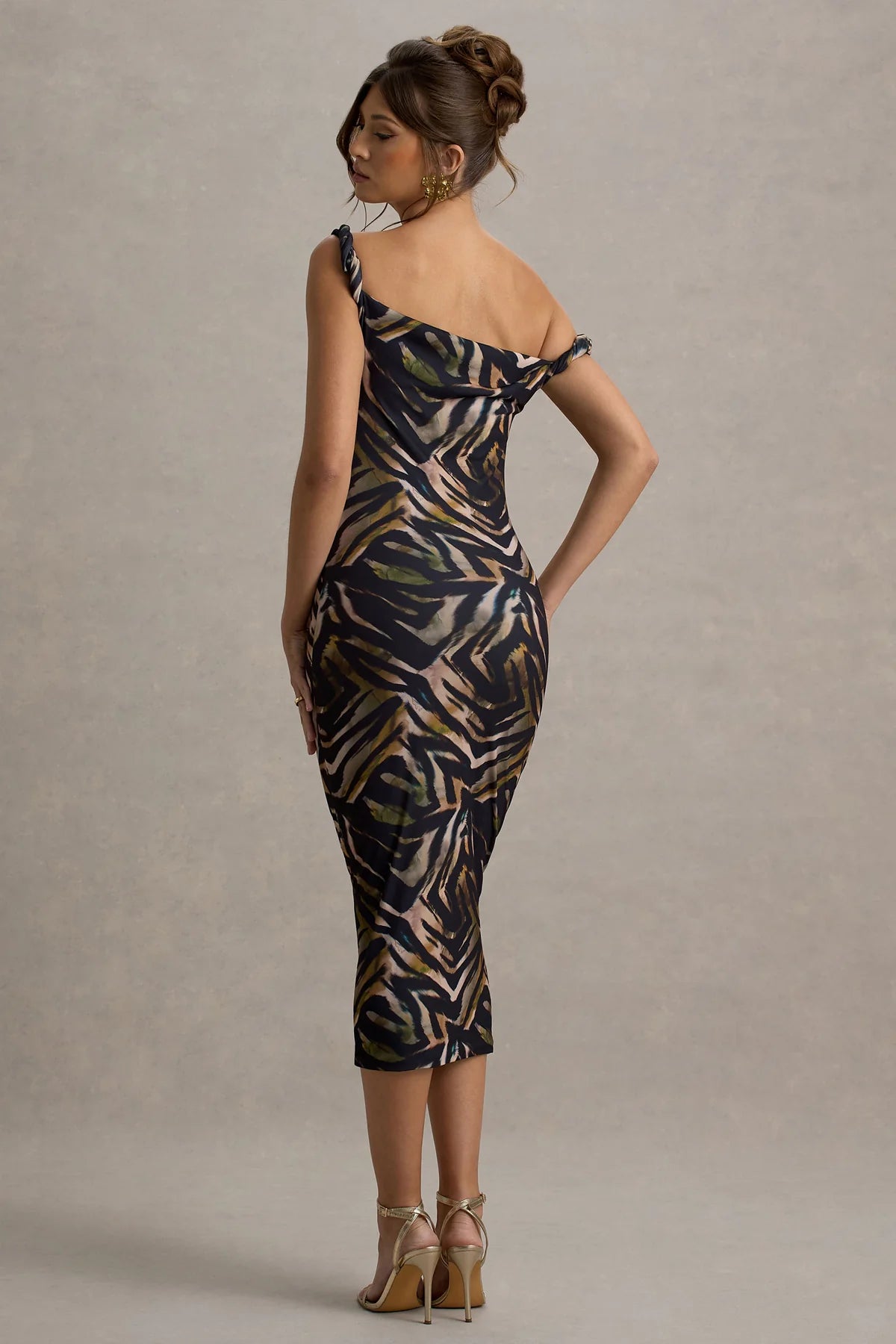 Alouro Black – Zebra Print Twisted Midi Dress