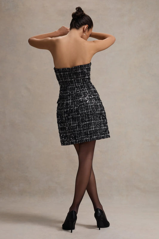 Alouro Black Boucle Strapless Tailored Mini Dress
