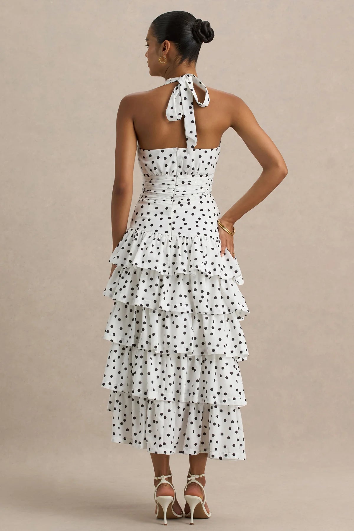 Alouro White – Polka Dot Ruffle Skirt Midi Dress