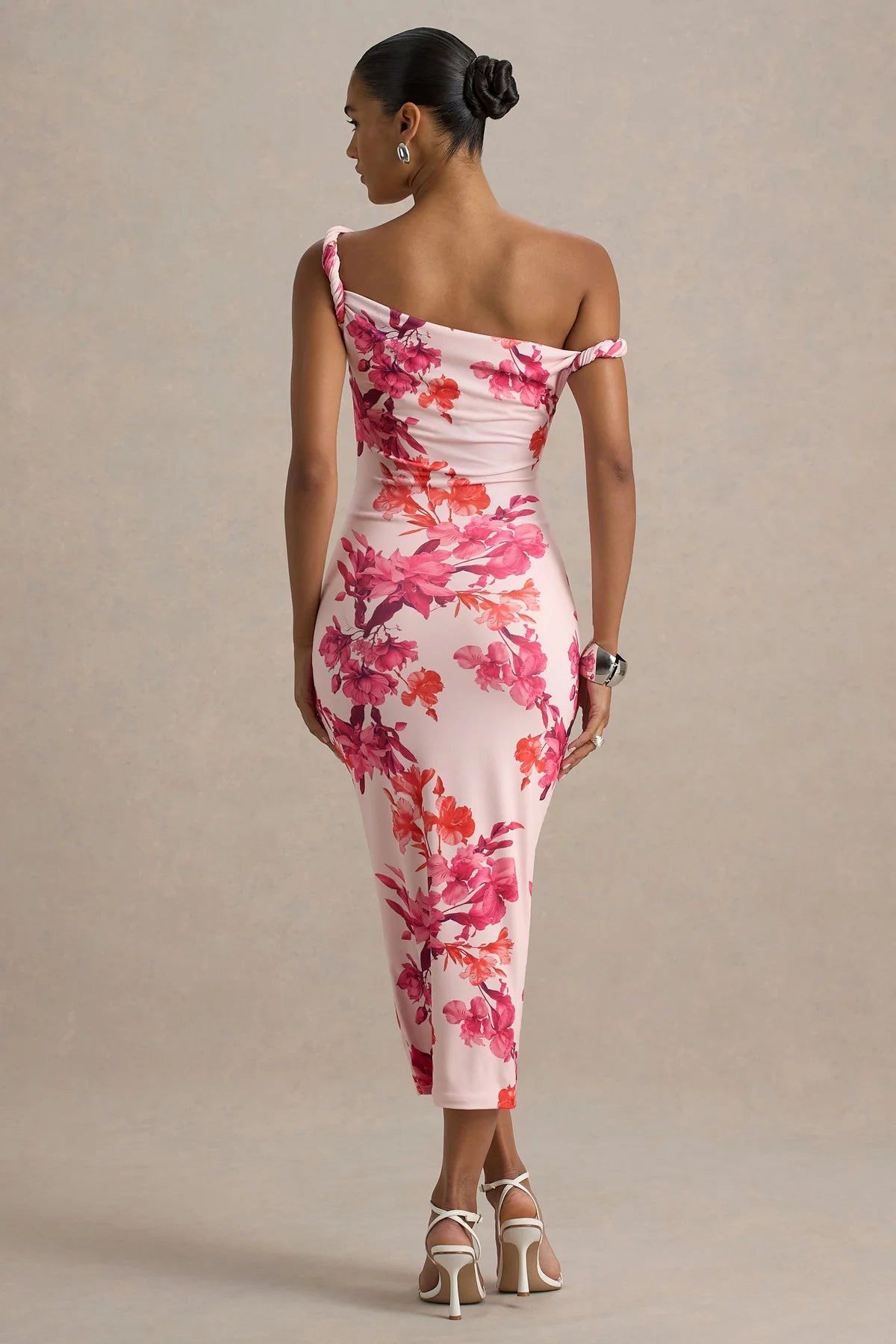 Alouro Pink – Orange Floral Print Twisted Midi Dress
