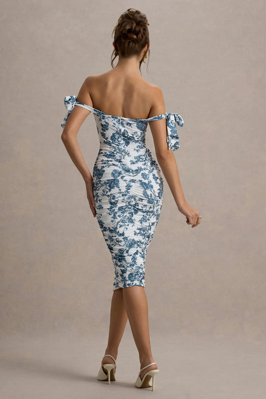 Alouro Blue Porcelain Bodycon Bow Sleeves Midi Dress