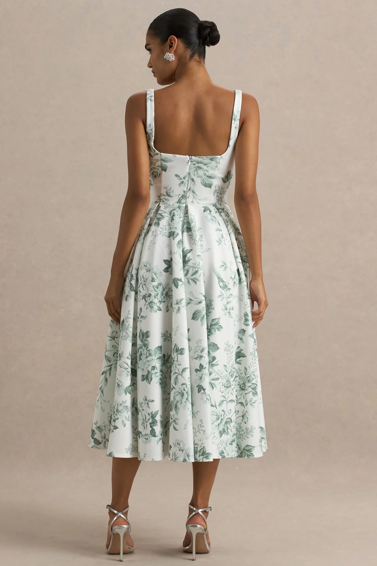 Alouro White – Green Print Square-Neck Midi Dress
