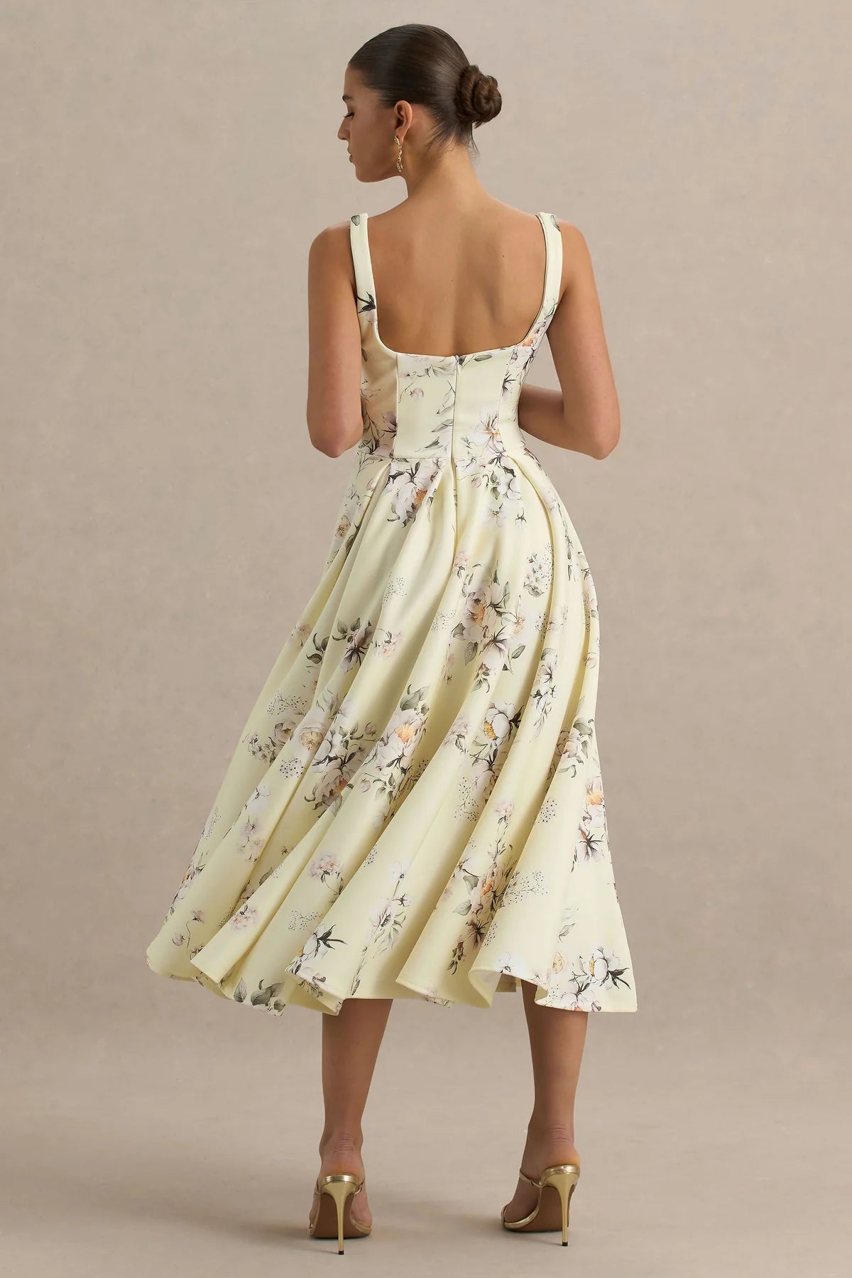 Alouro Lemon Floral Print Square-Neck Midi Dress