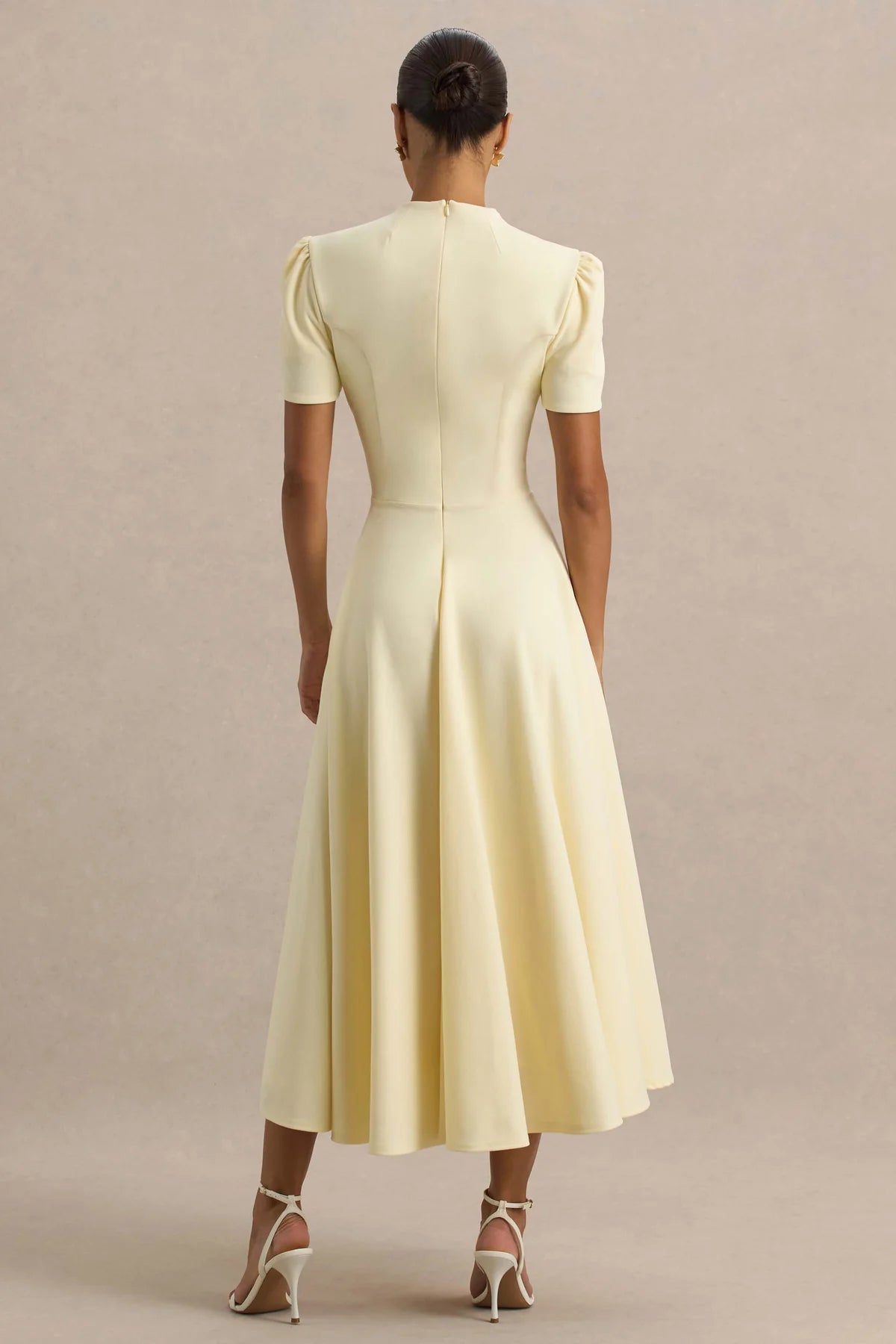 Alouro Lemon High Neck Midi Dress With Puff Sleeves