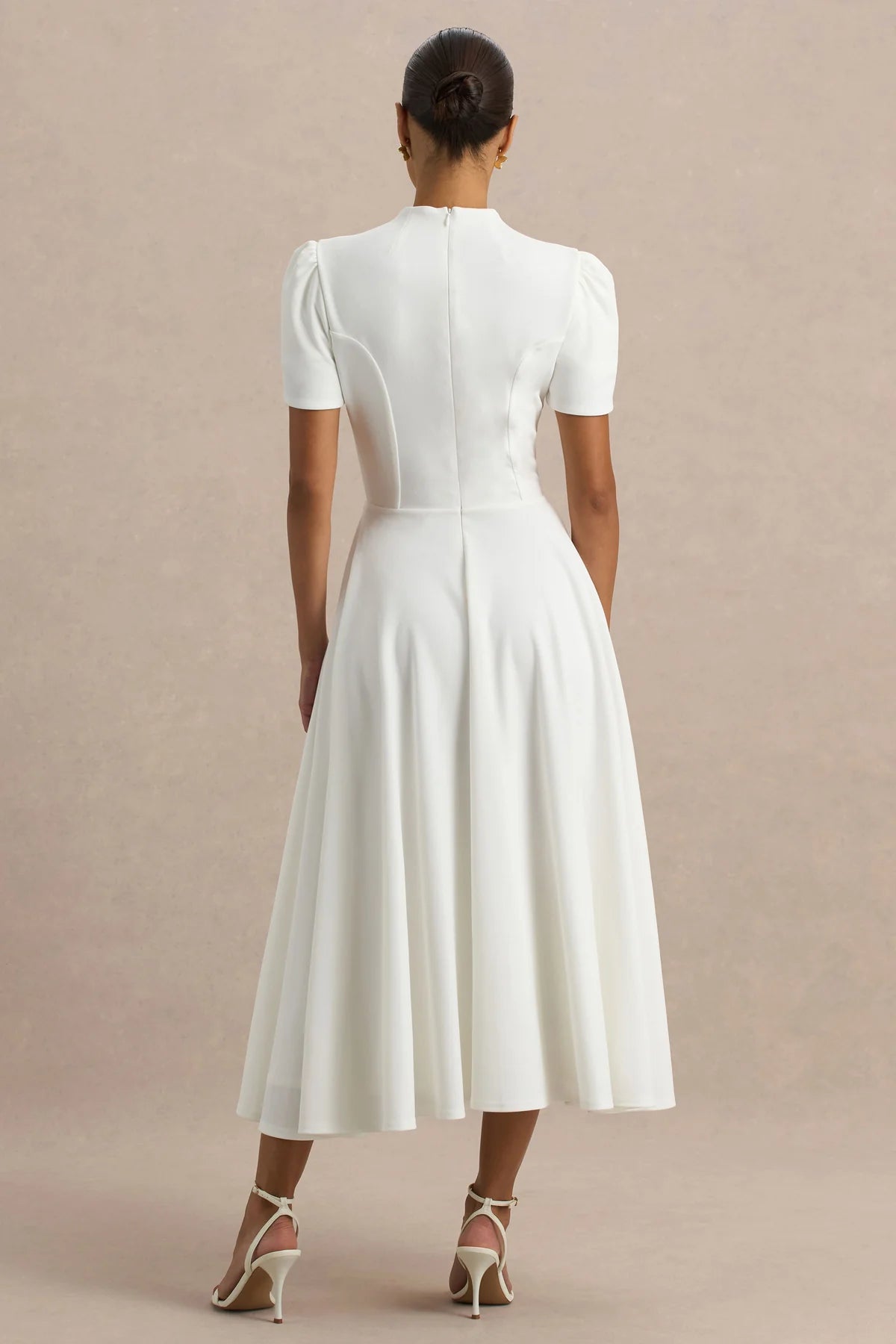 Alouro White High Neck Midi Dress With Puff Sleeves