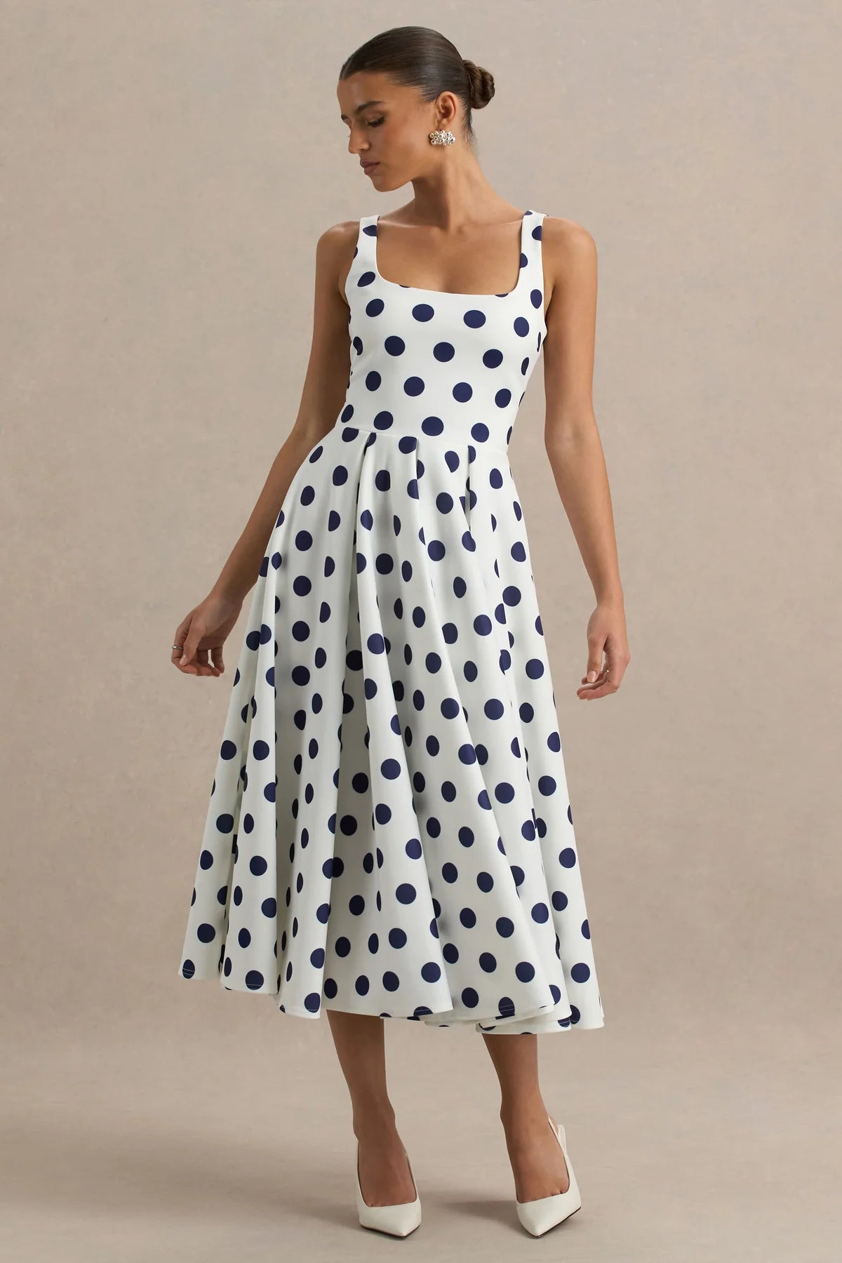 Alouro White And Navy Square-Neck Midi Dress