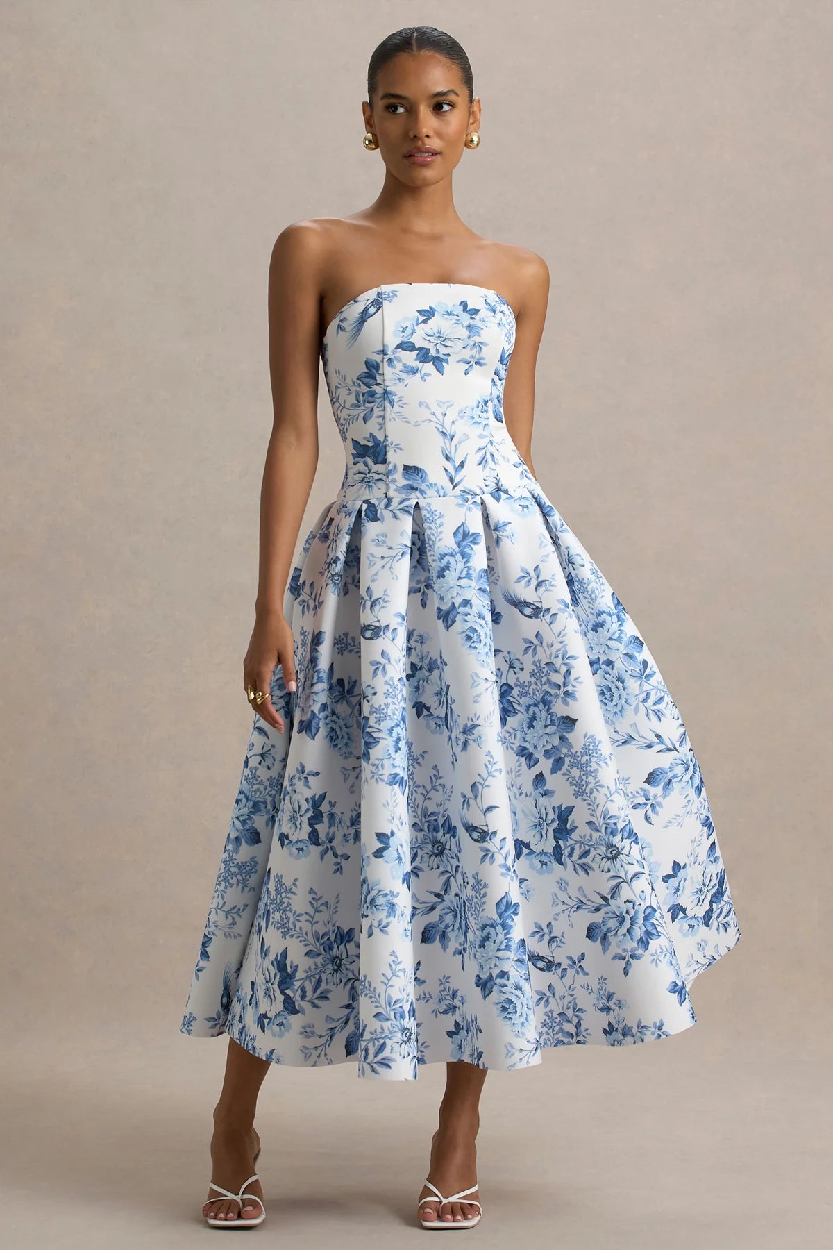 Alouro White Porcelain Print – Volume Skirt Midi Dress