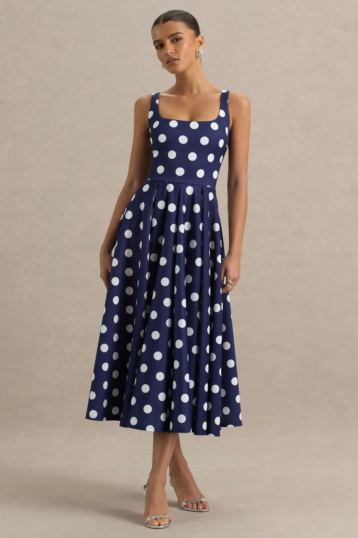 Alouro Navy And White Square-Neck Midi Dress