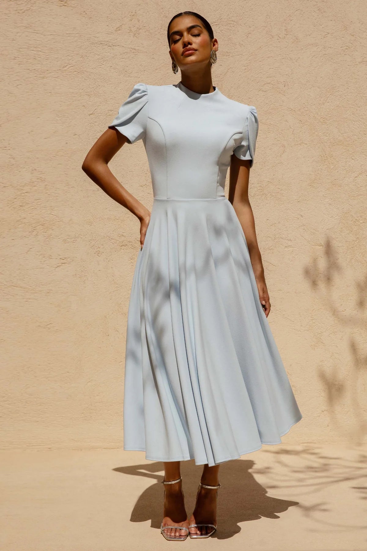Alouro Powder Blue High Neck Midi Dress With Puff Sleeves