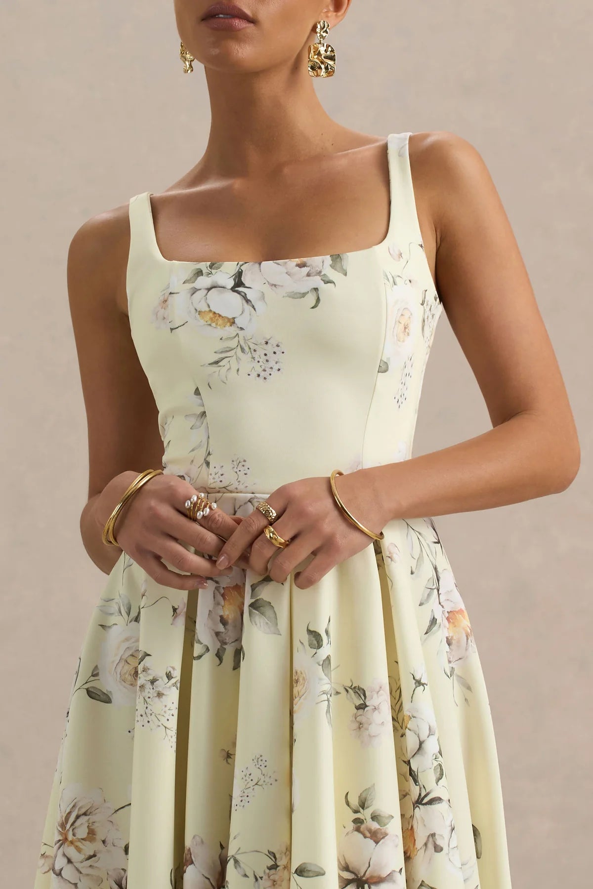 Alouro Lemon Floral Print Square-Neck Midi Dress