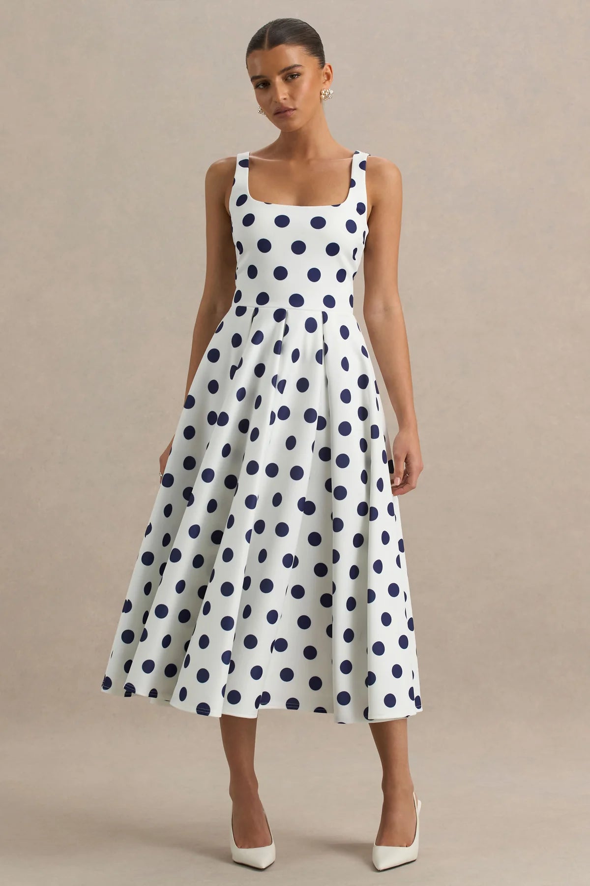 Alouro White And Navy Square-Neck Midi Dress