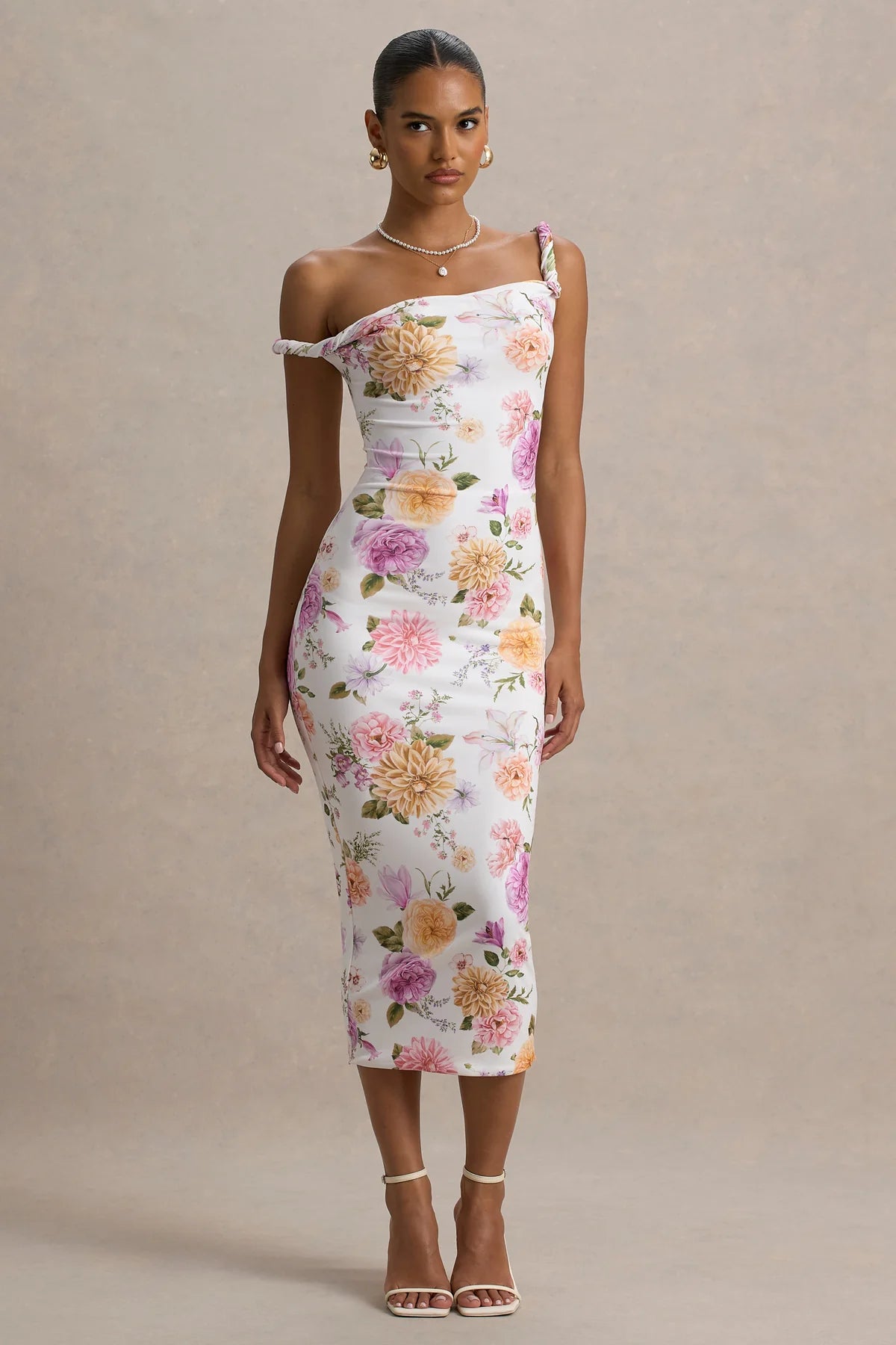 Alouro Peach And Lilac Floral Twisted Midi Dress