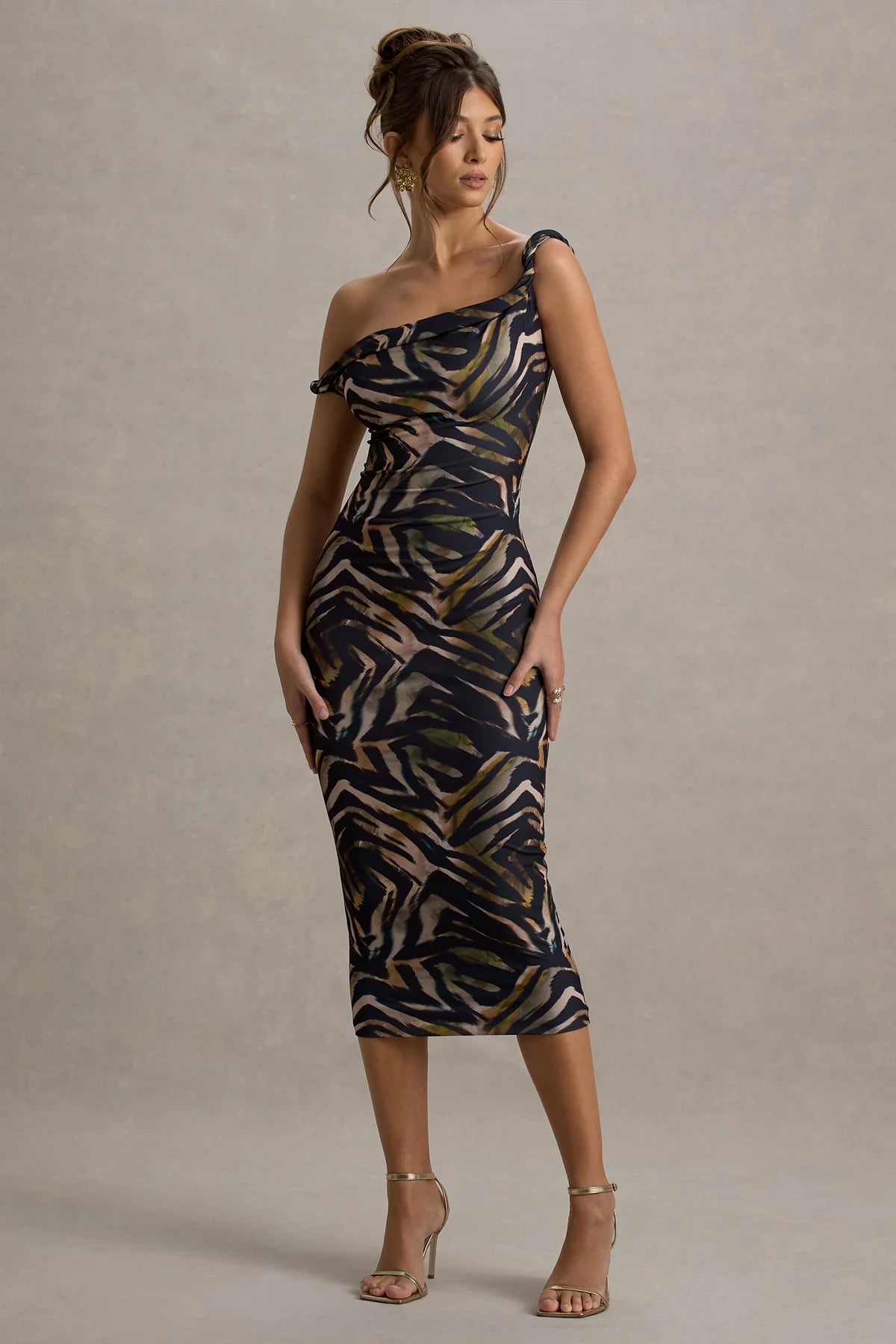 Alouro Black – Zebra Print Twisted Midi Dress