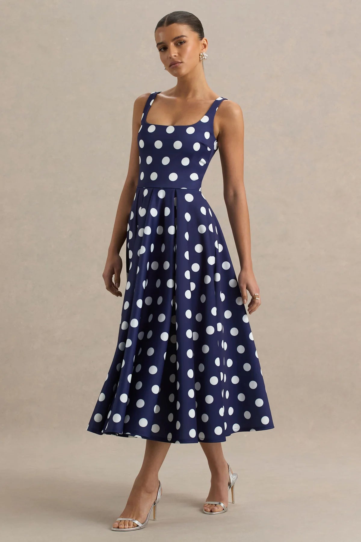 Alouro Navy And White Square-Neck Midi Dress
