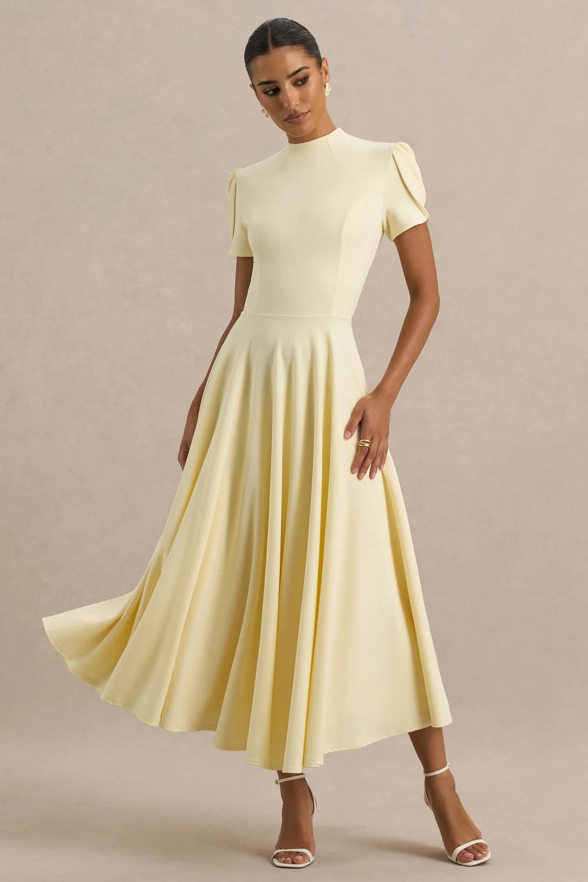 Alouro Lemon High Neck Midi Dress With Puff Sleeves