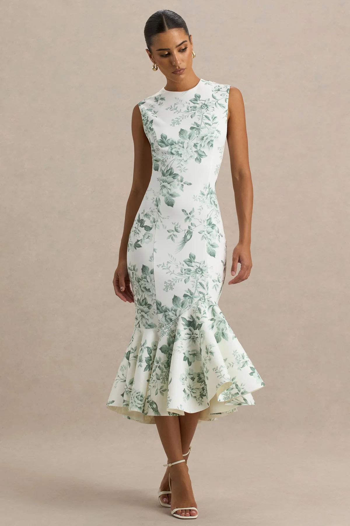 Alouro White – Green Floral High-Neck Midi Dress
