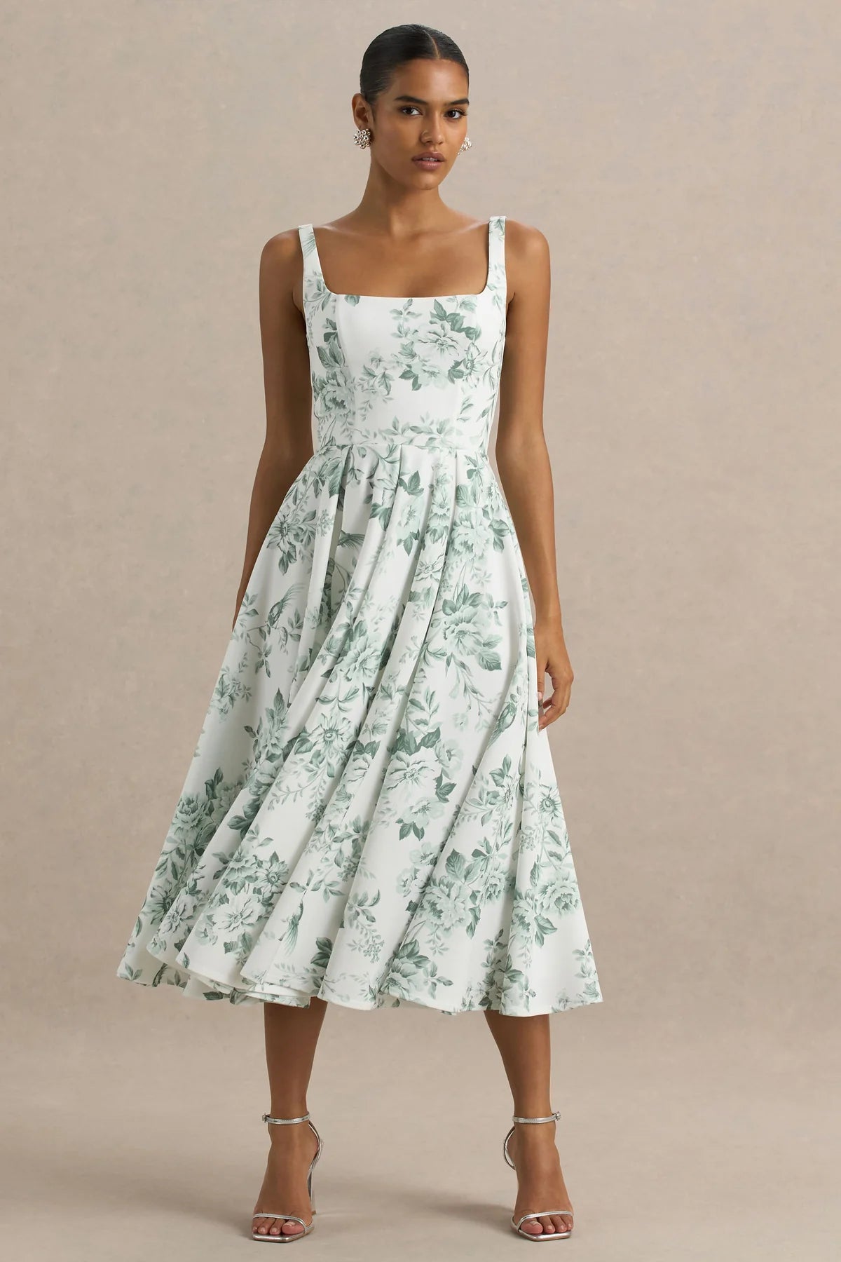 Alouro White – Green Print Square-Neck Midi Dress