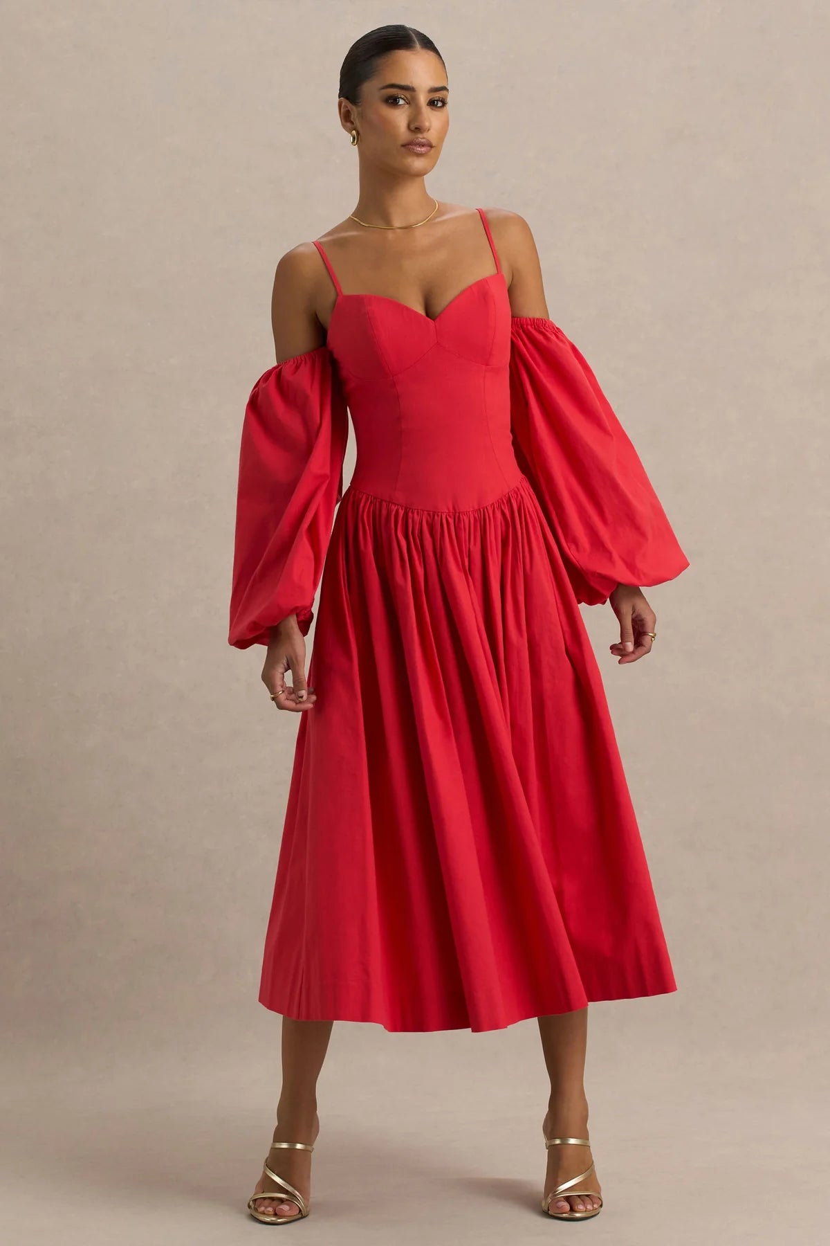 Alouro Red Sweetheart – Balloon Sleeves Midi Dress