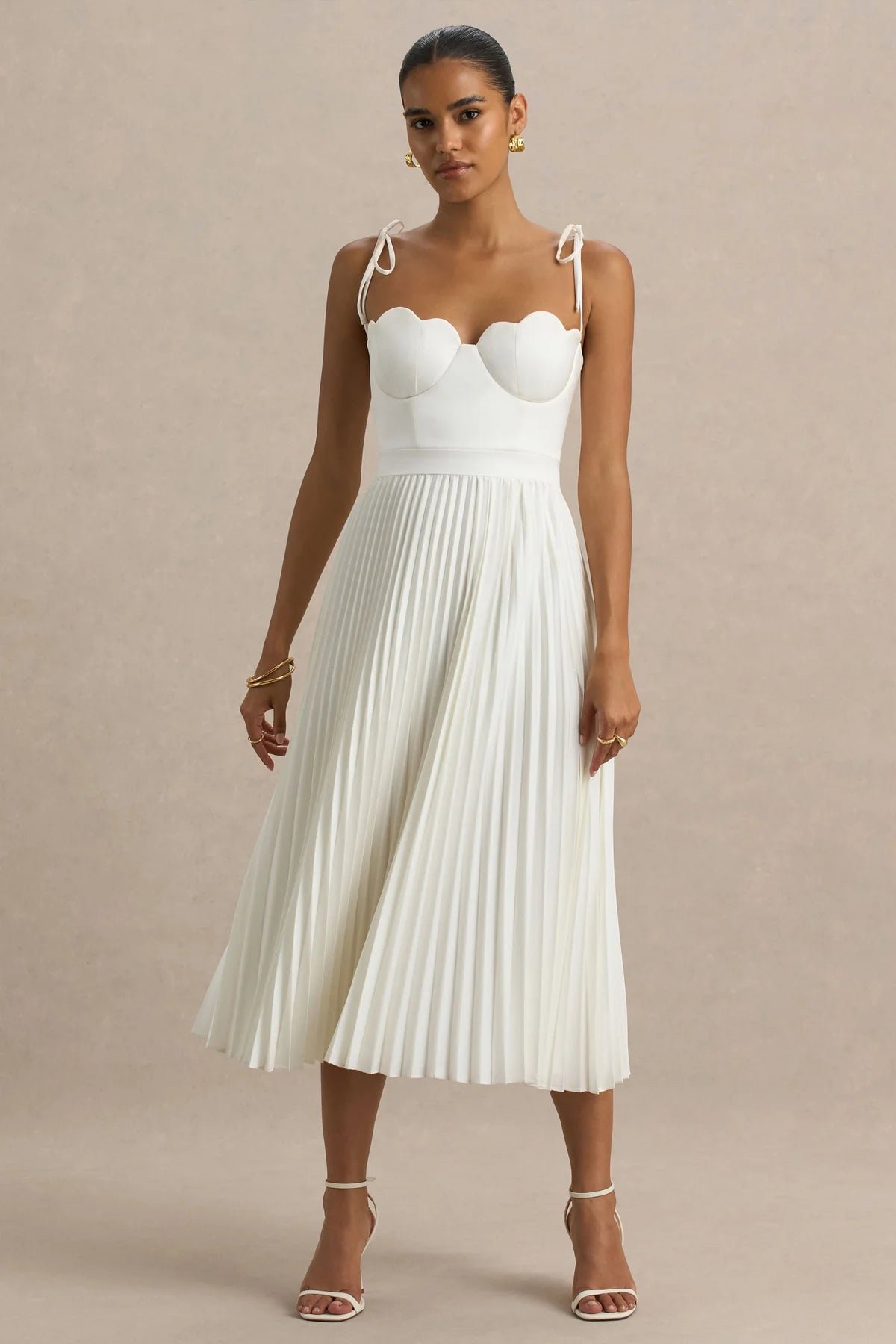 Alouro Cream Satin With Pleated Skirt Midi Dress