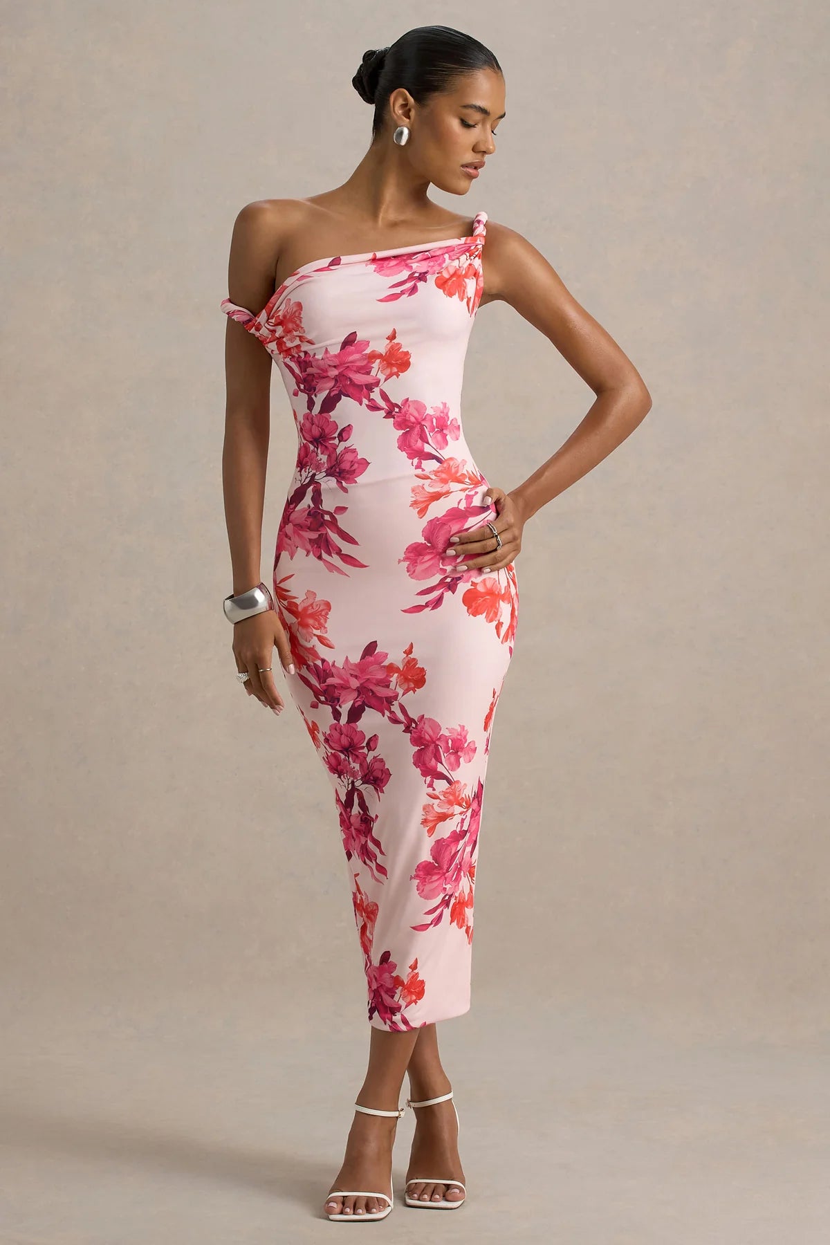 Alouro Pink – Orange Floral Print Twisted Midi Dress