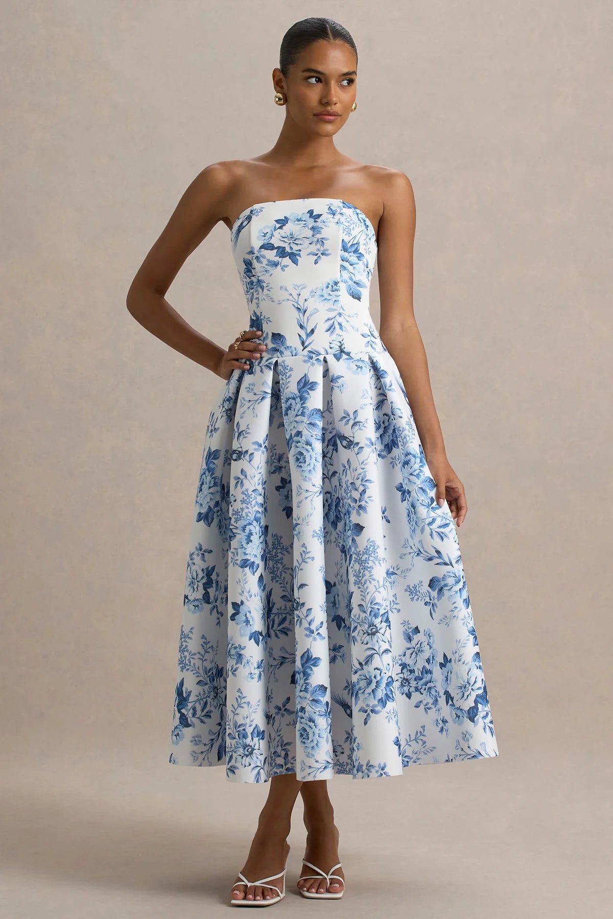 Alouro White Porcelain Print – Volume Skirt Midi Dress