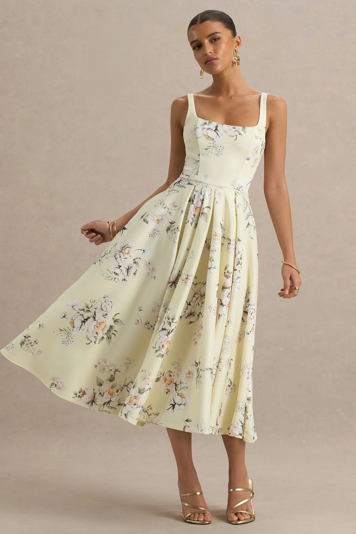 Alouro Lemon Floral Print Square-Neck Midi Dress