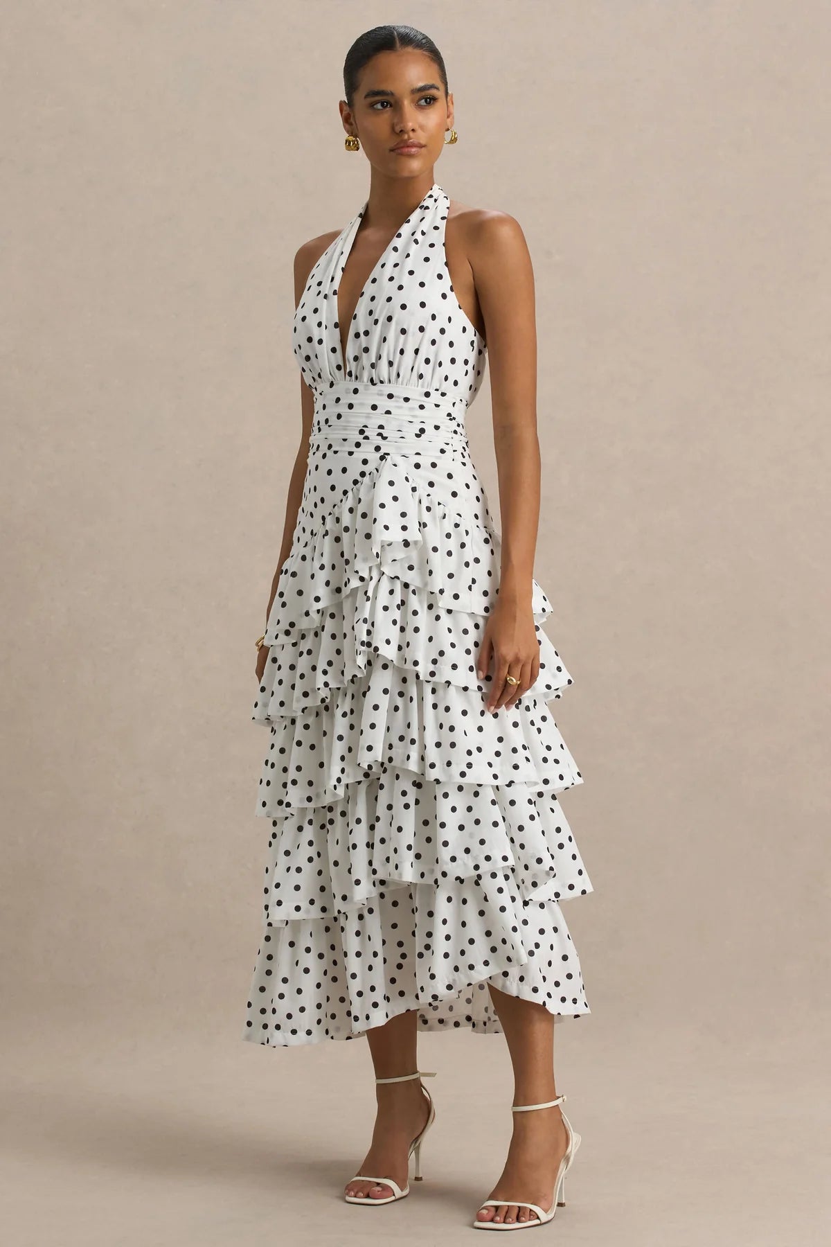 Alouro White – Polka Dot Ruffle Skirt Midi Dress