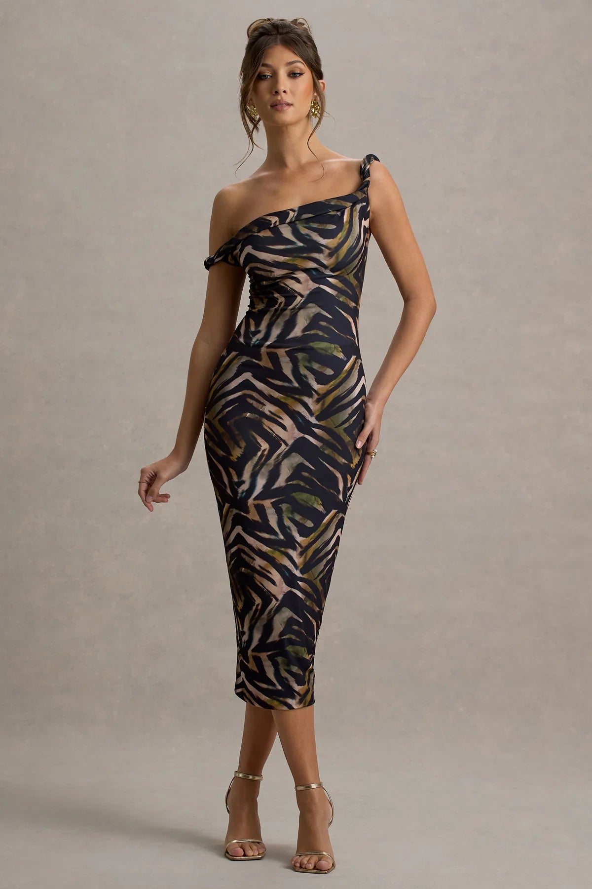 Alouro Black – Zebra Print Twisted Midi Dress