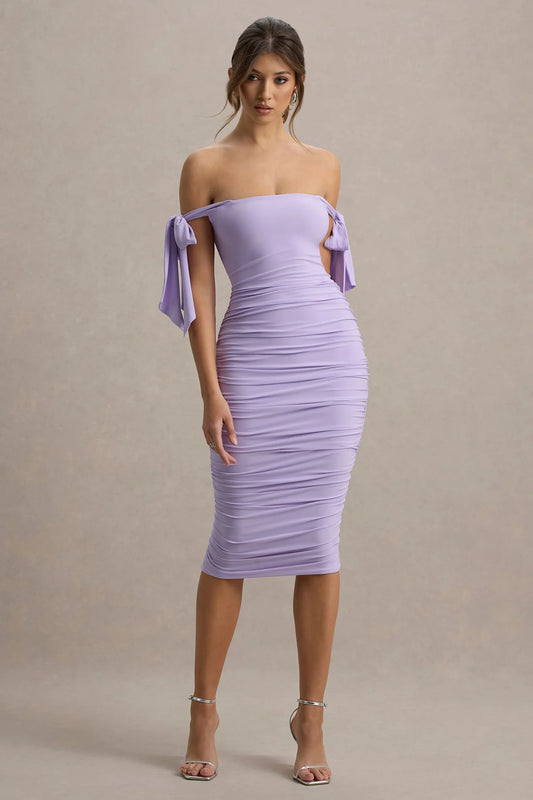 Alouro Lilac Bodycon Bow Sleeves Midi Dress