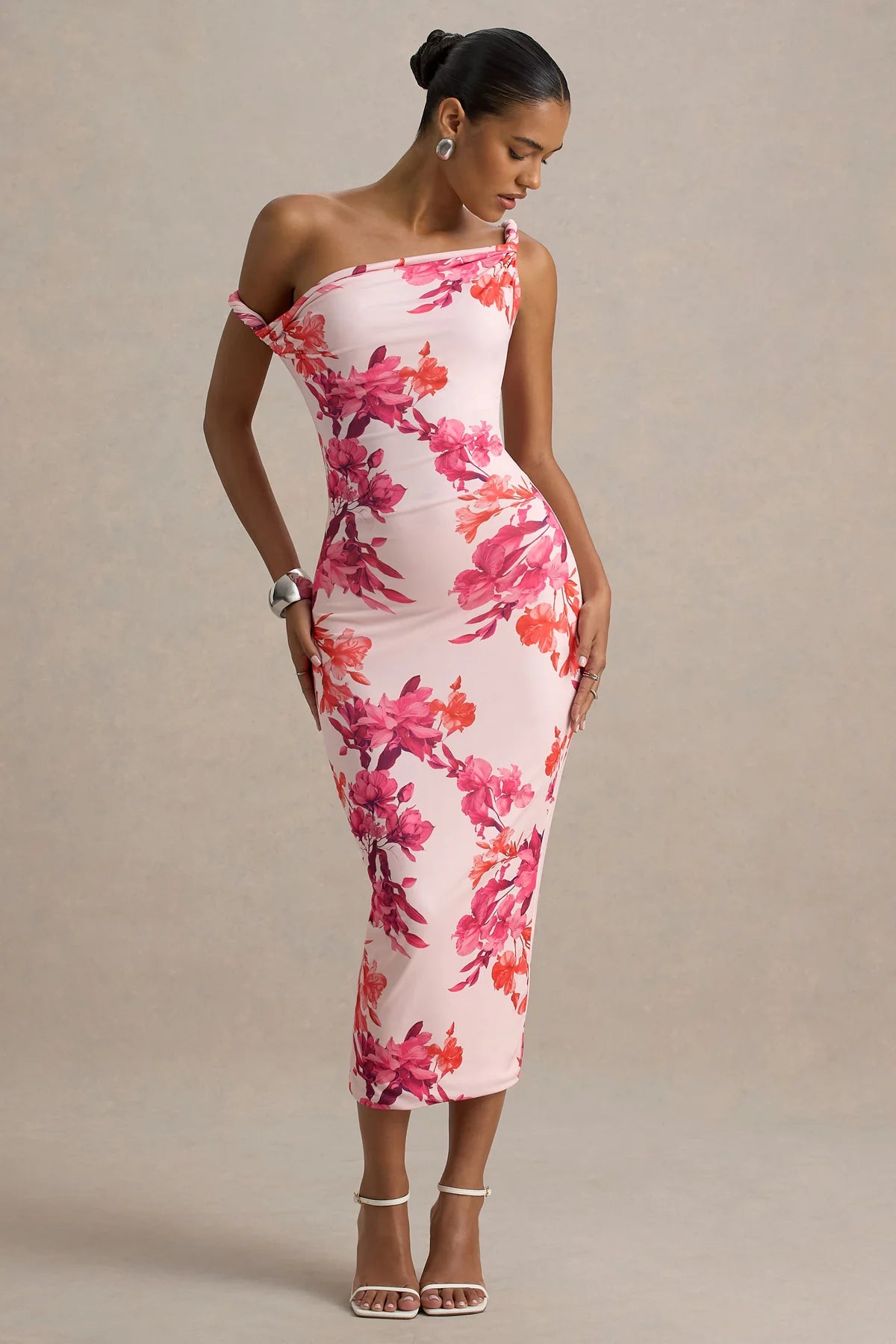 Alouro Pink – Orange Floral Print Twisted Midi Dress