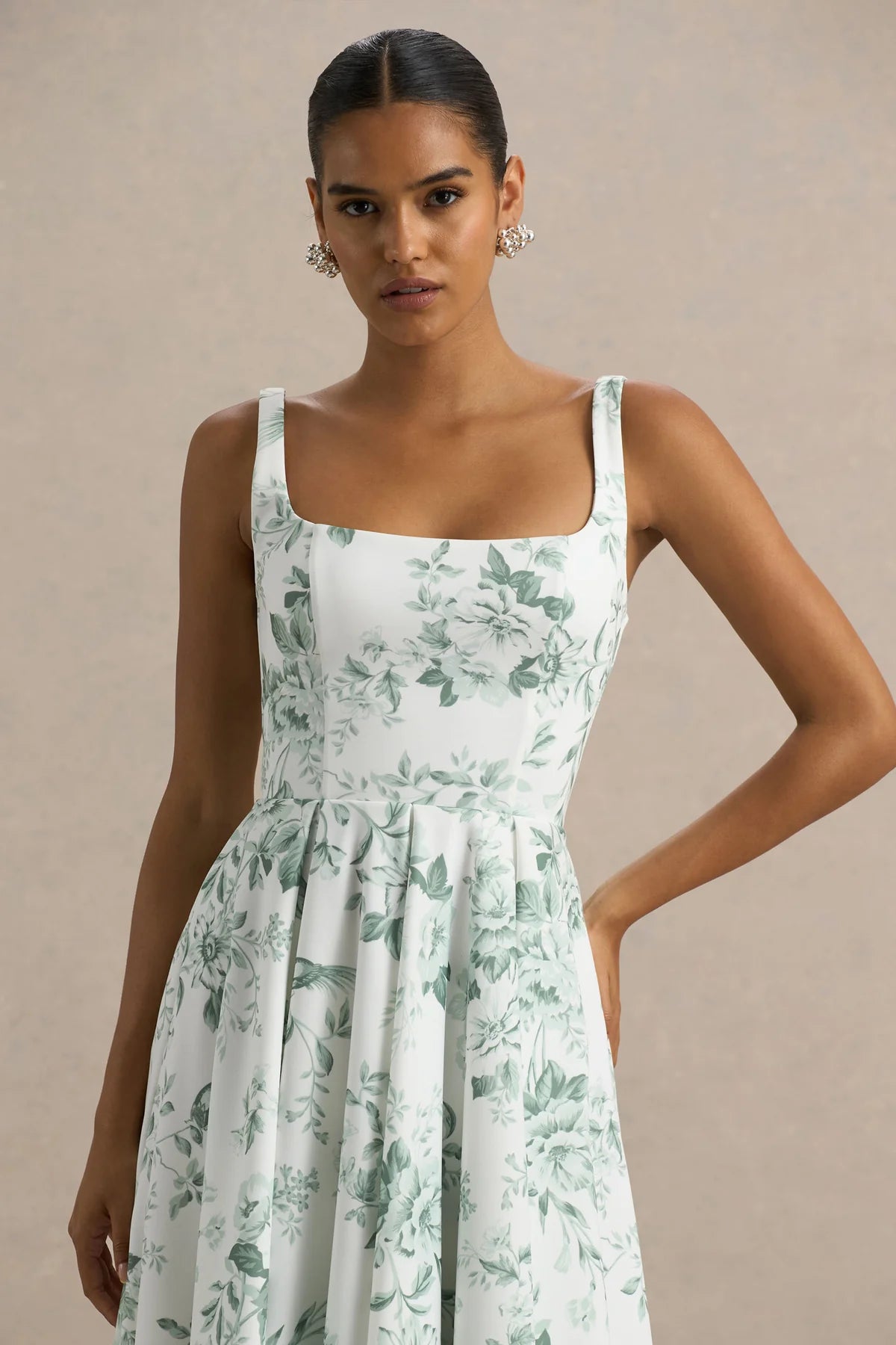 Alouro White – Green Print Square-Neck Midi Dress