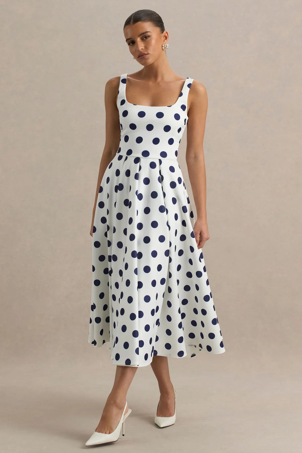 Alouro White And Navy Square-Neck Midi Dress
